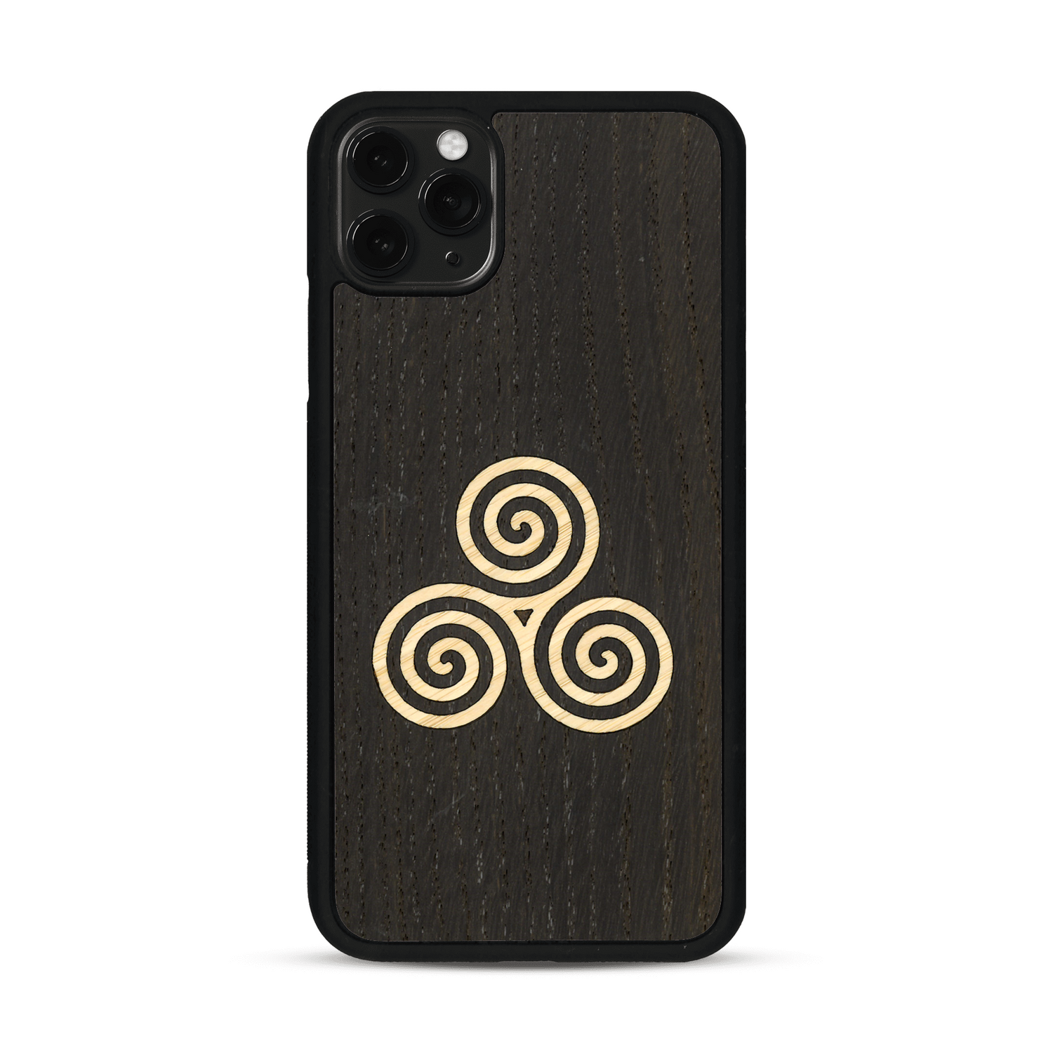 Coque de protection en bois véritable fabriquée en France pour  alliant du chêne fumé et du bambou et doré représentant un triskell