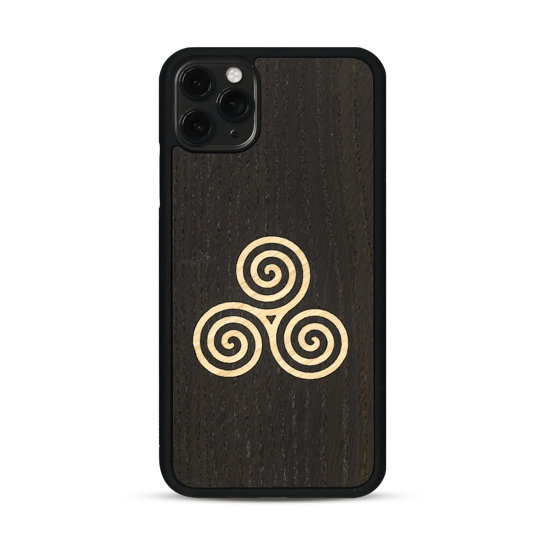 Coque de protection en bois véritable fabriquée en France pour  alliant du chêne fumé et du bambou et doré représentant un triskell