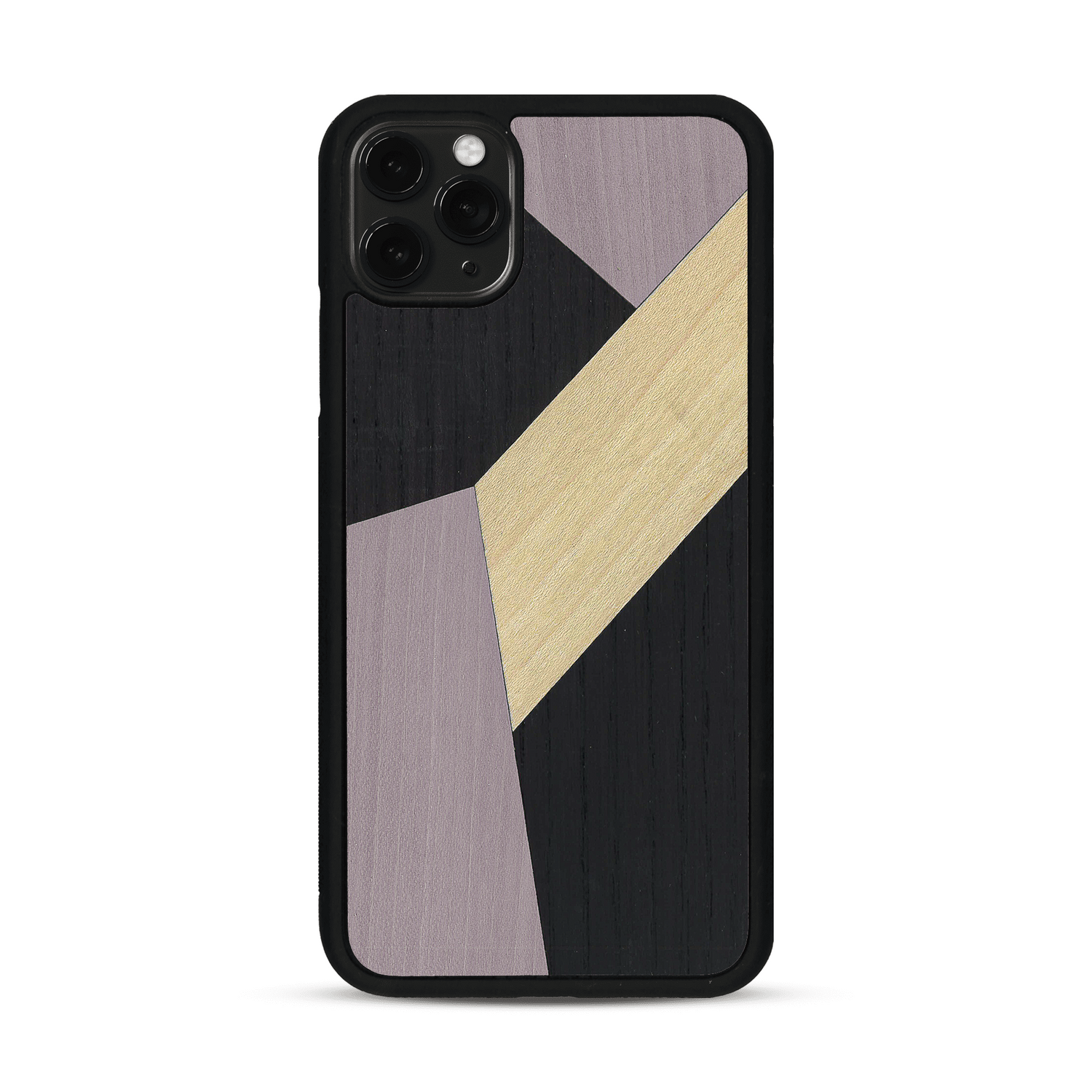 Coque de protection en bois véritable fabriquée en France pour  alliant du bambou, du tulipier mauve et noir en forme de mosaïque minimaliste sur le thème de l'art abstrait