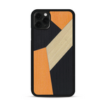 Coque de protection en bois véritable fabriquée en France pour  alliant du bambou, du tulipier orange et noir en forme de mosaïque minimaliste sur le thème de l'art abstrait