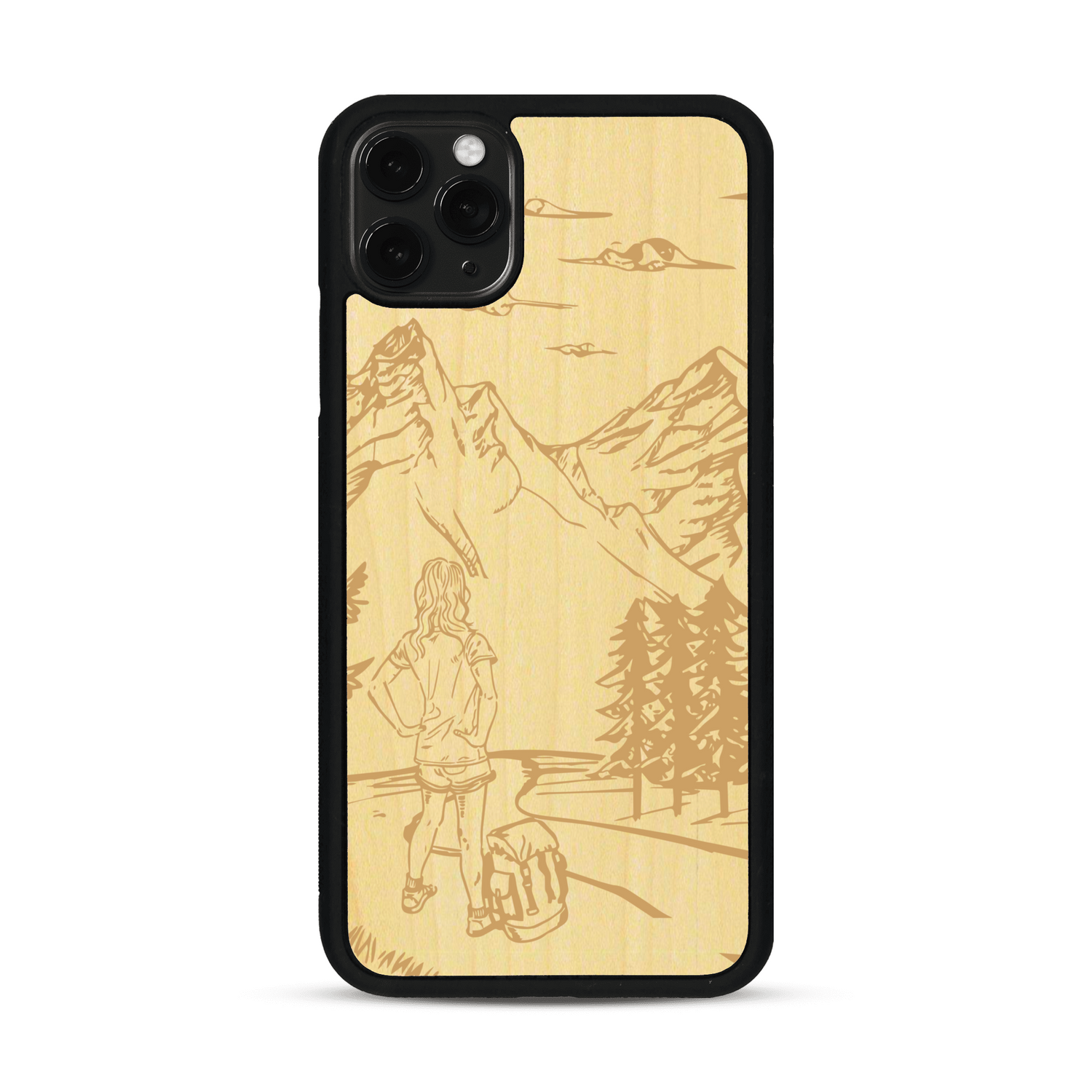 Coque de protection en bois véritable fabriquée en France pour  sur le thème de la randonnée en montagne et de l'aventure avec une gravure représentant une femme de dos face à un paysage de nature