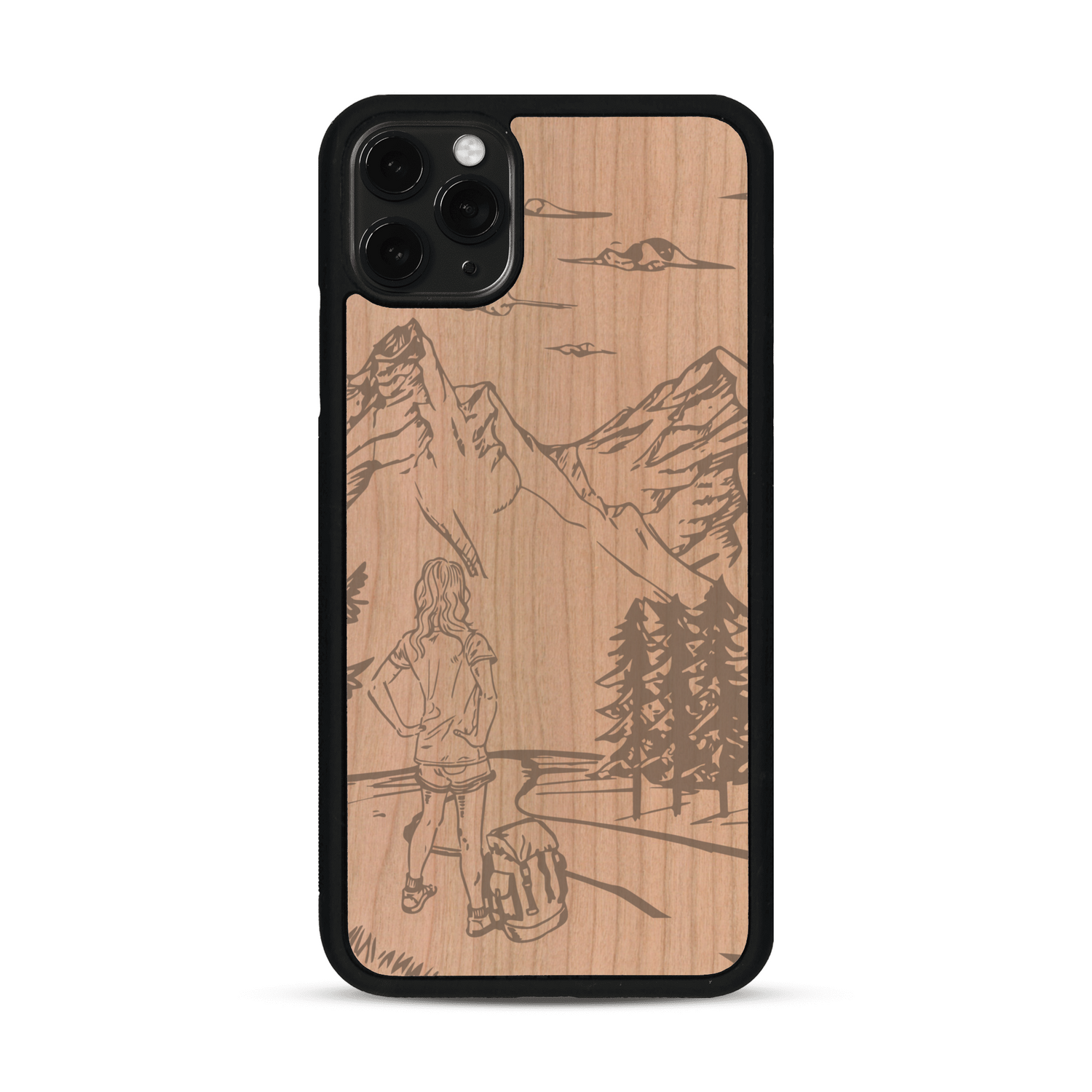 Coque de protection en bois véritable fabriquée en France pour  sur le thème de la randonnée en montagne et de l'aventure avec une gravure représentant une femme de dos face à un paysage de nature