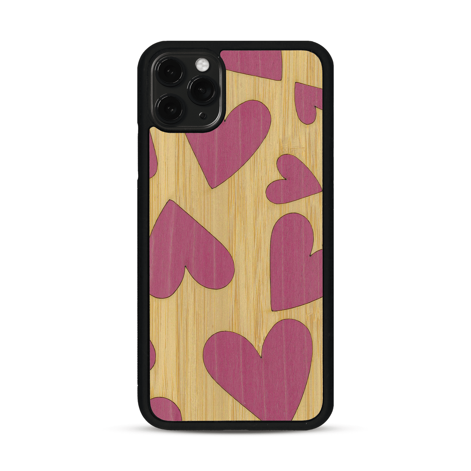 Coque de protection en bois véritable fabriquée en France pour  alliant plusieurs essences de bois pour représenter des coeurs pour les amoureux