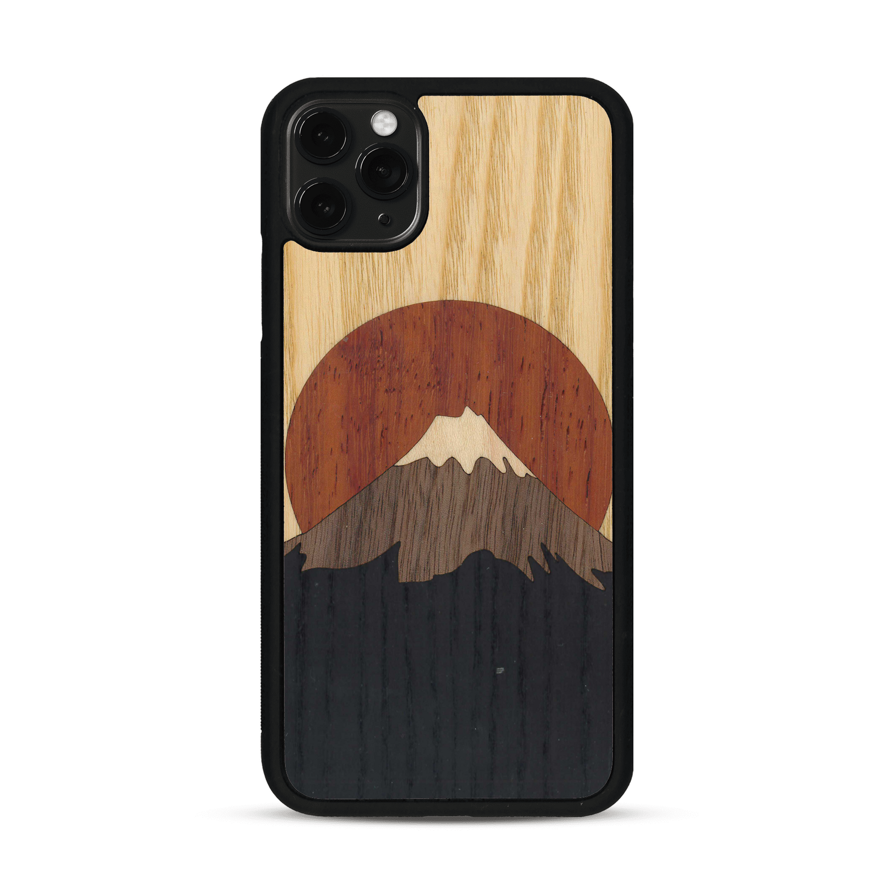 Coque de protection en bois véritable fabriquée en France pour  alliant plusieurs essences de bois pour représenter le mont Fuji