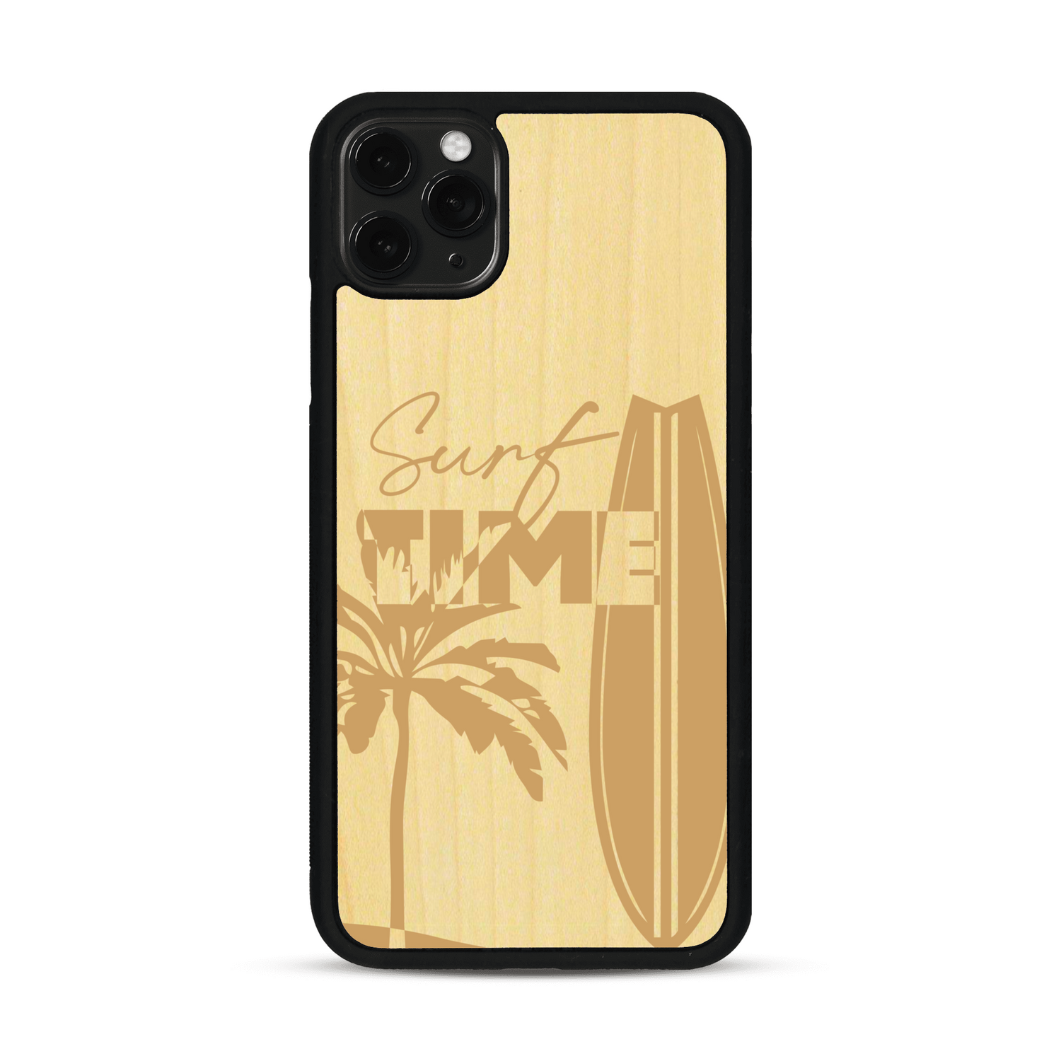 Coque de protection en bois véritable fabriquée en France pour  sur le thème chill avec un motif représentant une silouhette tenant une planche de surf sur une plage entouré de palmiers et les mots "Surf Time Long Beach Miami"