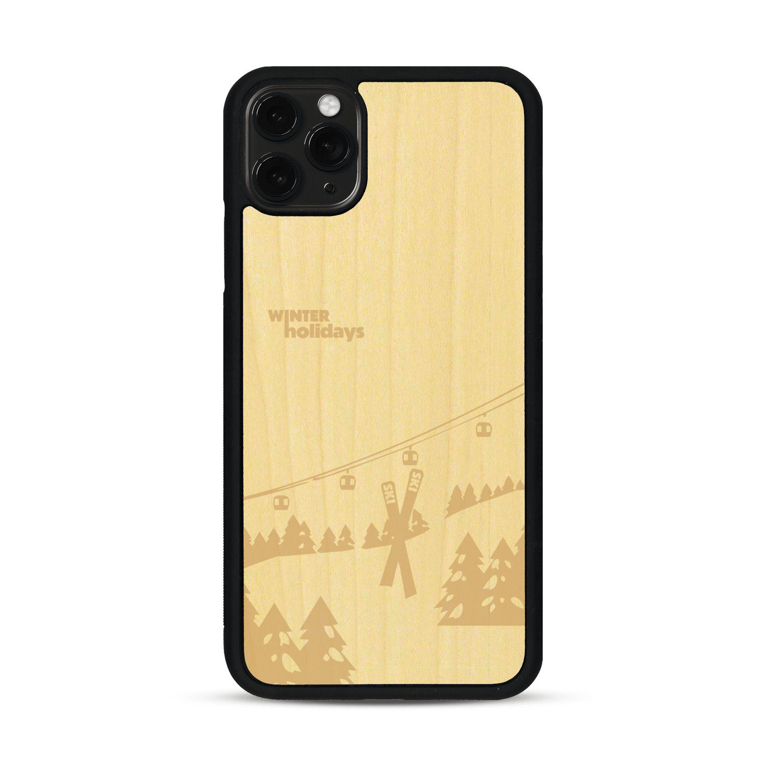 Coque de protection en bois véritable fabriquée en France pour  sur le thème de la montagne, du ski et de la neige avec un motif représentant une paire de ski plantée dans la neige avec en fond des montagnes enneigées