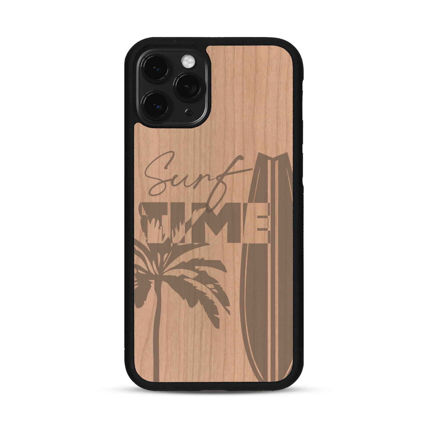 Coque de protection en bois véritable fabriquée en France pour  sur le thème chill avec un motif représentant une silouhette tenant une planche de surf sur une plage entouré de palmiers et les mots "Surf Time Long Beach Miami"