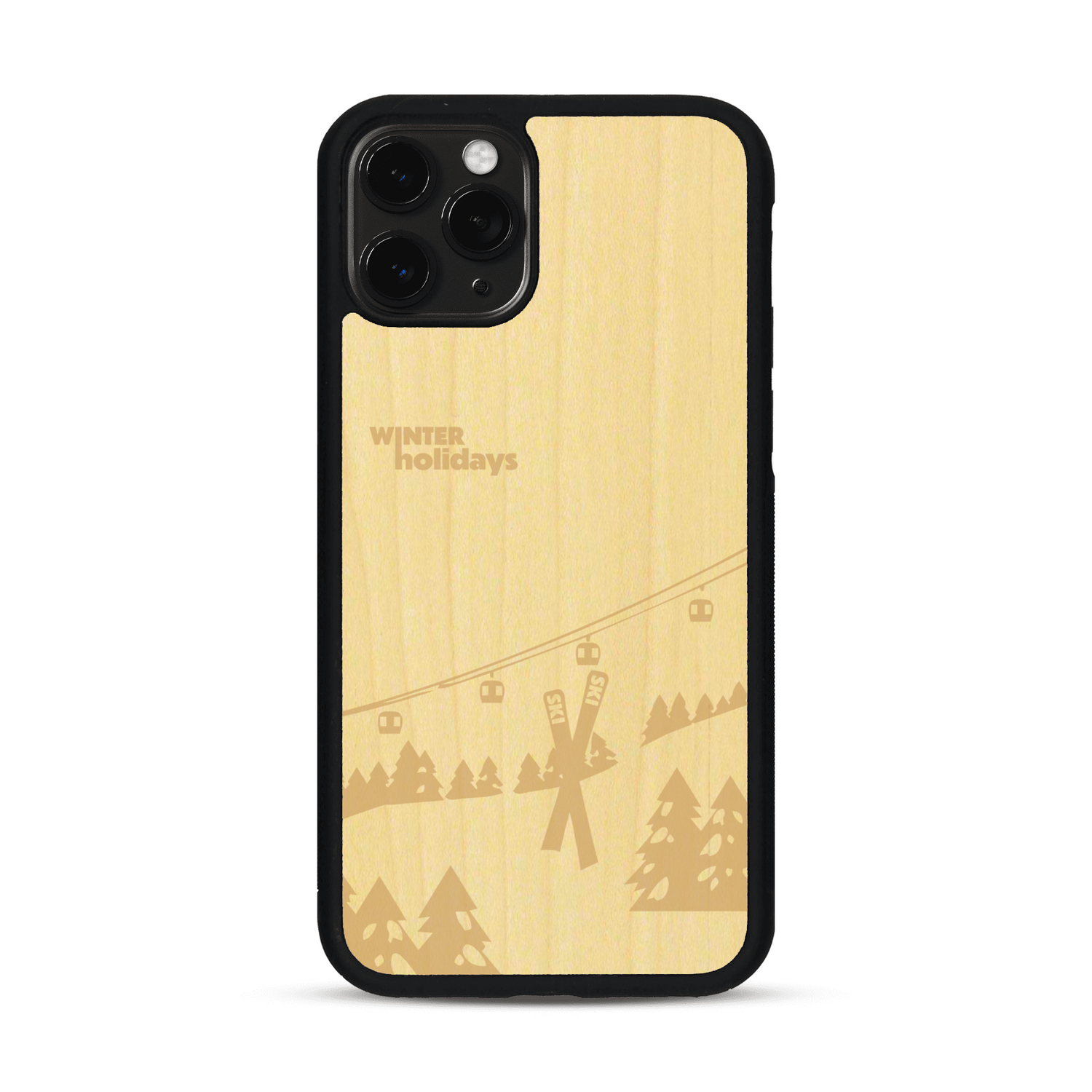 Coque de protection en bois véritable fabriquée en France pour  sur le thème de la montagne, du ski et de la neige avec un motif représentant une paire de ski plantée dans la neige avec en fond des montagnes enneigées