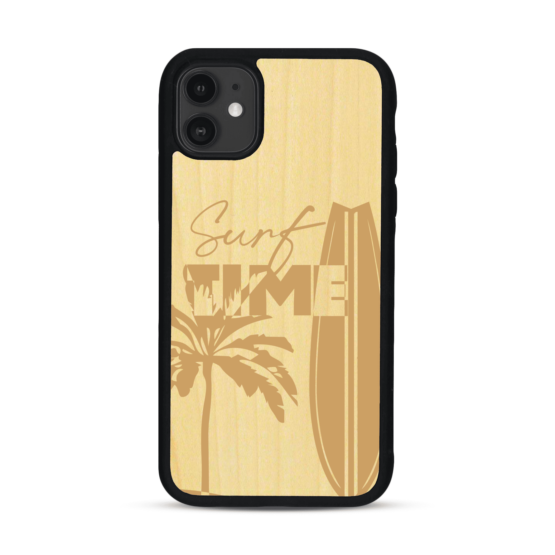 Coque de protection en bois véritable fabriquée en France pour  sur le thème chill avec un motif représentant une silouhette tenant une planche de surf sur une plage entouré de palmiers et les mots "Surf Time Long Beach Miami"