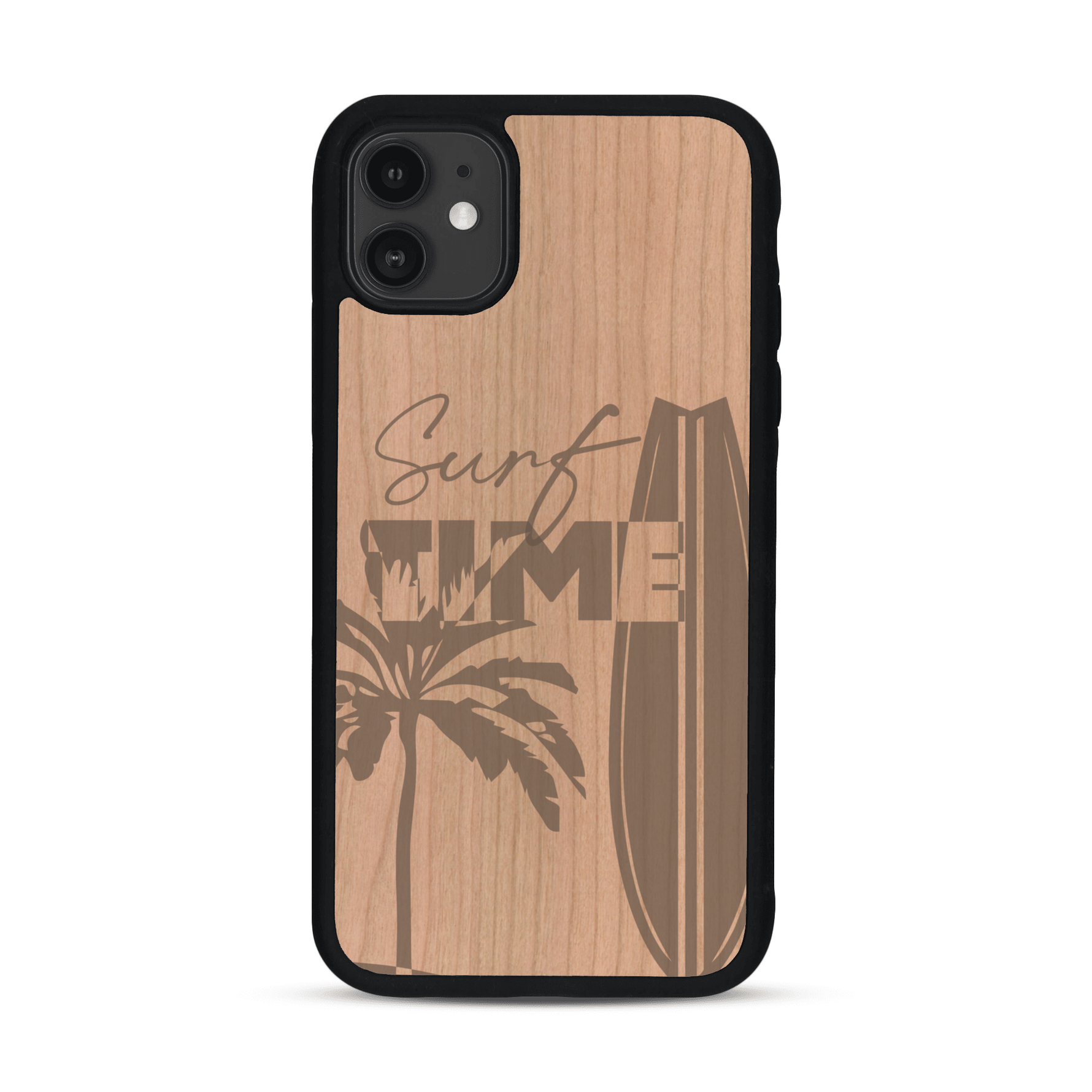 Coque de protection en bois véritable fabriquée en France pour  sur le thème chill avec un motif représentant une silouhette tenant une planche de surf sur une plage entouré de palmiers et les mots "Surf Time Long Beach Miami"