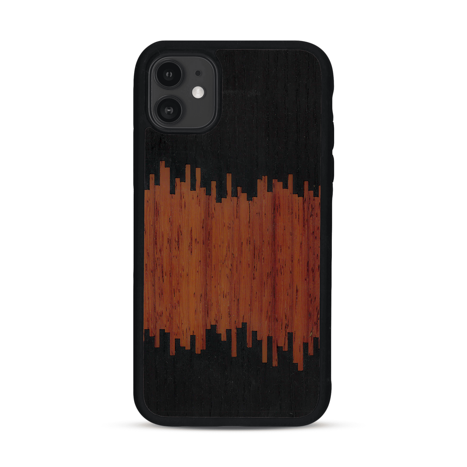 Coque de protection en bois véritable fabriquée en France pour  alliant plusieurs essences de bois pour représenter du magma en fusion