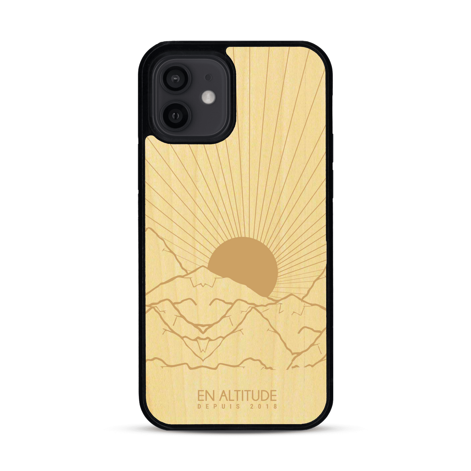 Coque de protection en bois véritable fabriquée en France pour  représentant des montagnes, sur le thème de la randonnée en pleine nature et du trail