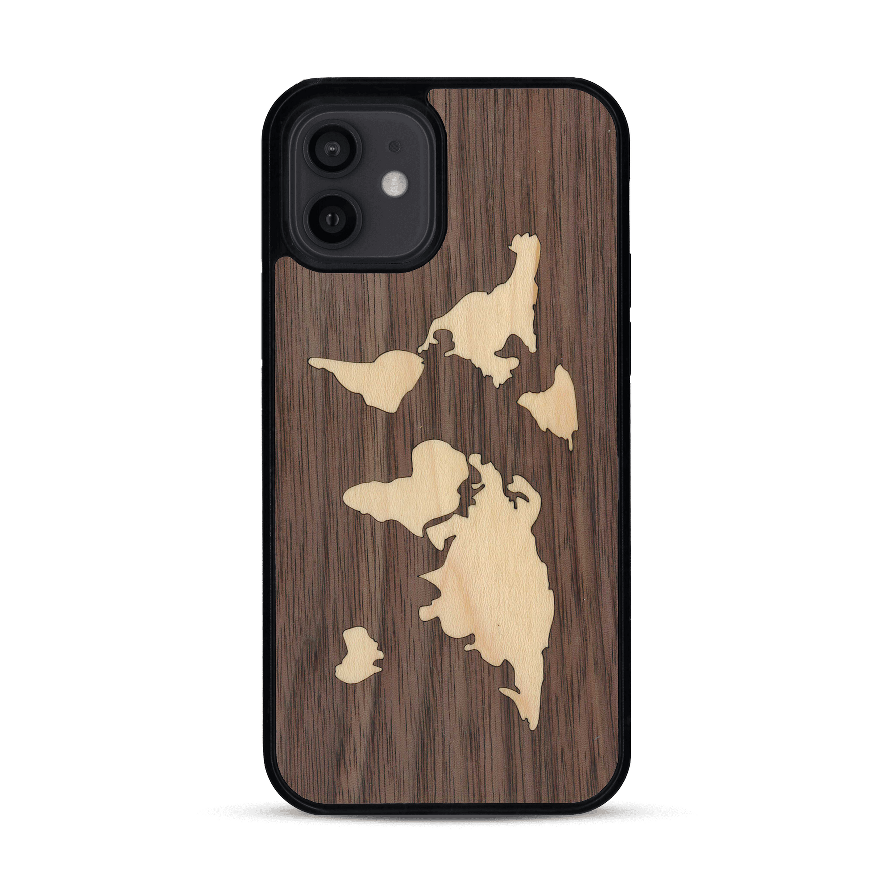 Coque de protection en bois véritable fabriquée en France pour  alliant du bambou et du noyer sur le thème du voyage et de l'aventure représentant une mappemonde