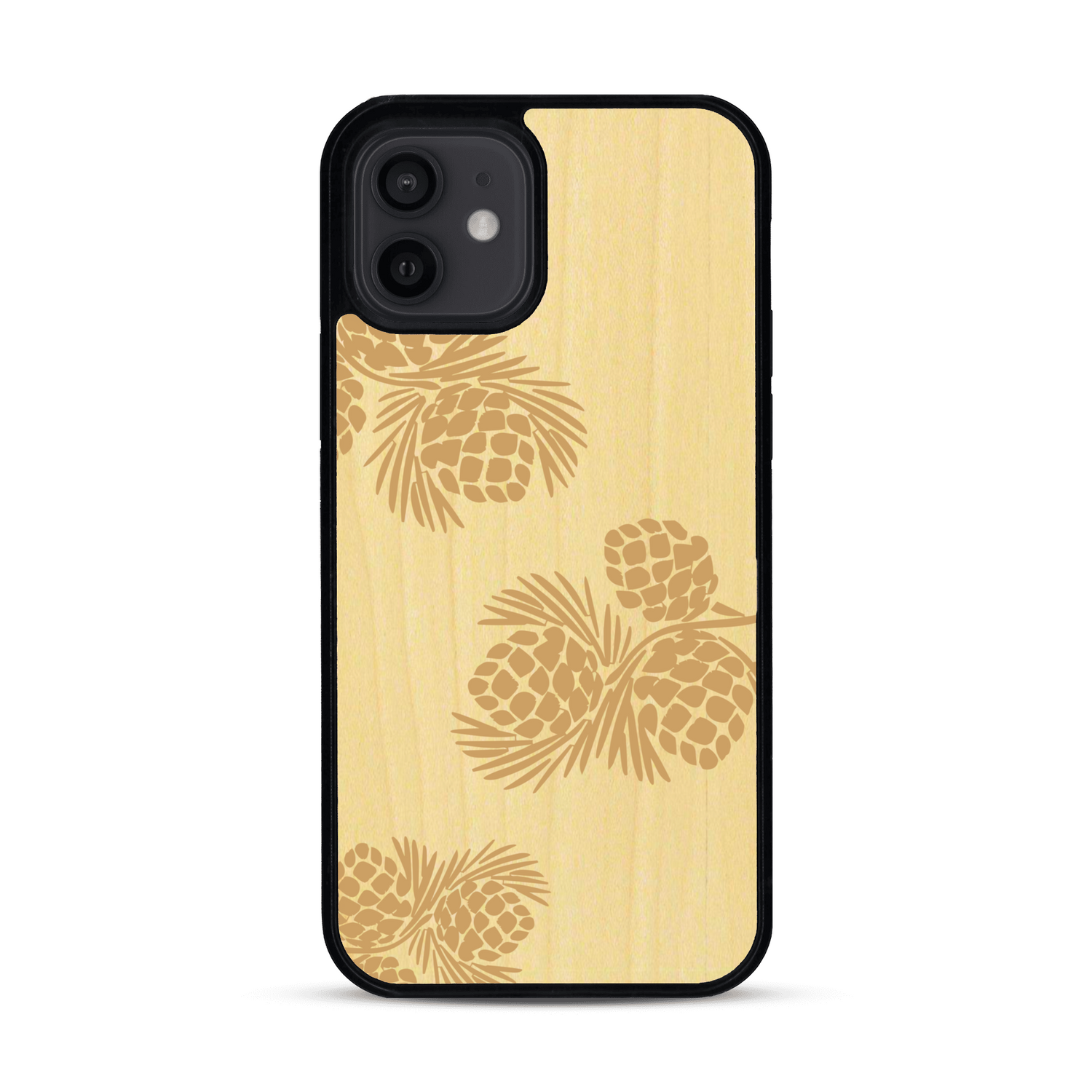 Coque de protection en bois véritable fabriquée en France pour  sur le thème de la nature des arbres avec un motif de gravure représentant des épines de sapin et des pommes de pin