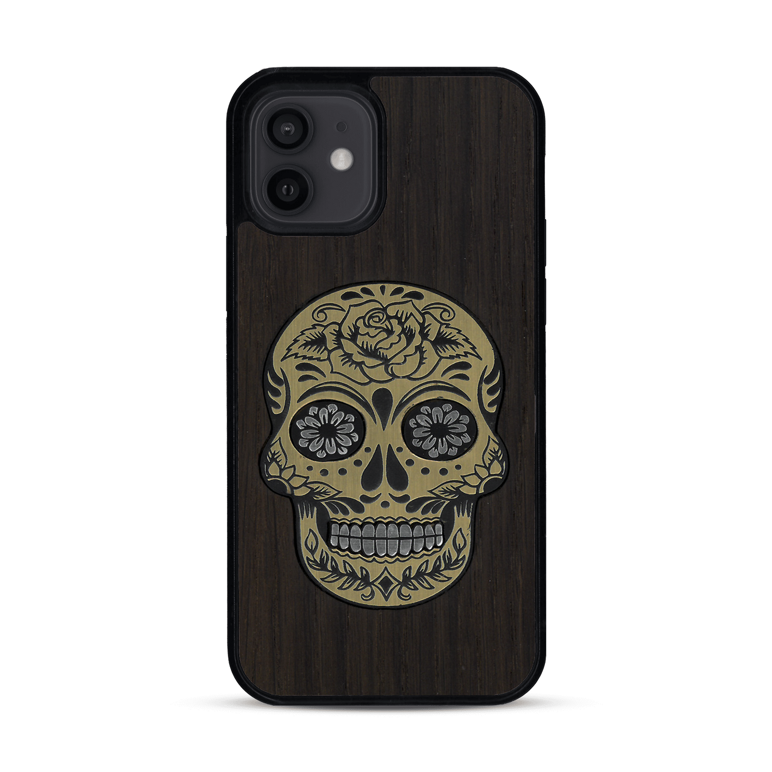 Coque de protection en bois véritable fabriquée en France pour  alliant du chêne fumé avec du métal argenté et doré représentant une tête de mort mexicaine sur le thème Dia de los Muertos