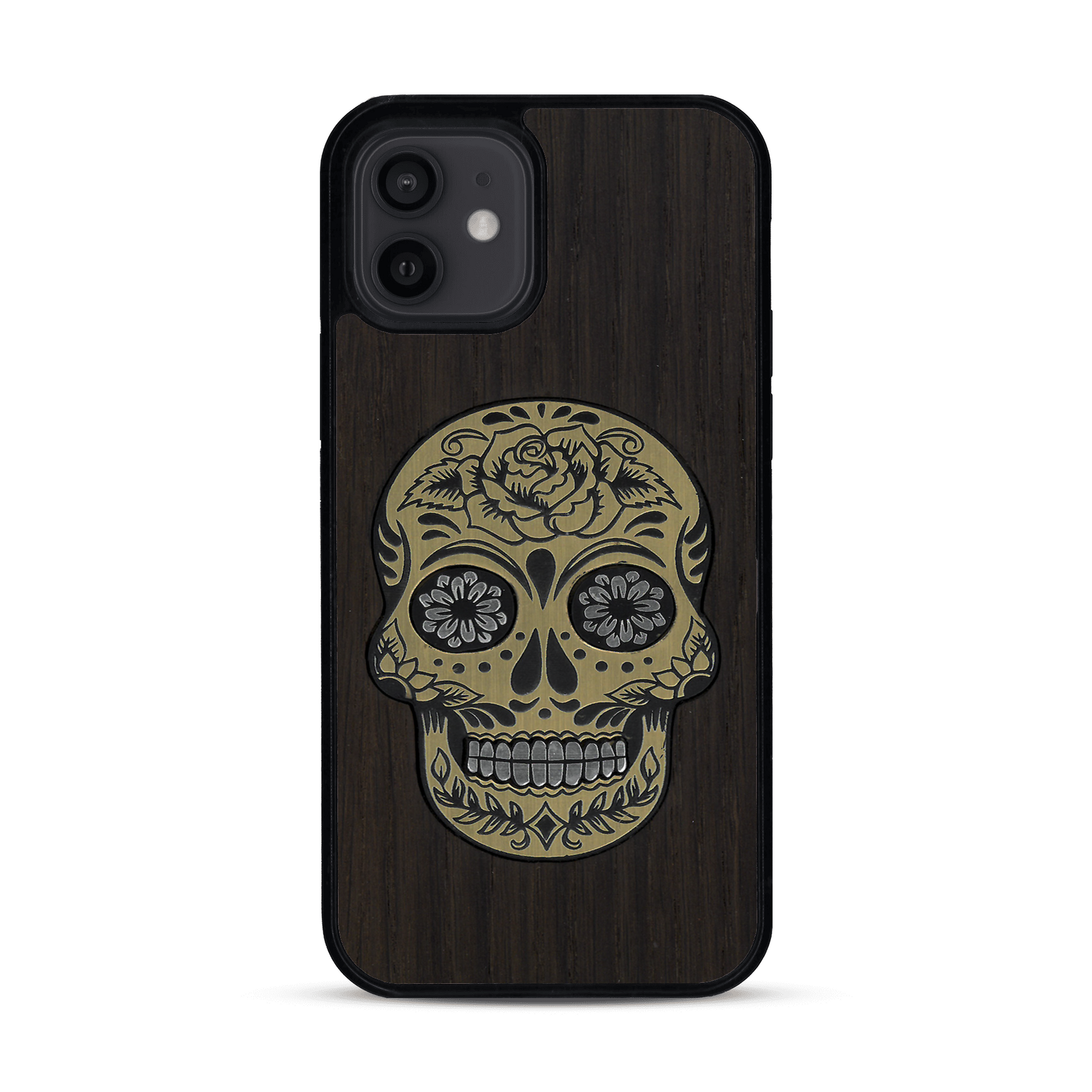 Coque de protection en bois véritable fabriquée en France pour  alliant du chêne fumé avec du métal argenté et doré représentant une tête de mort mexicaine sur le thème Dia de los Muertos