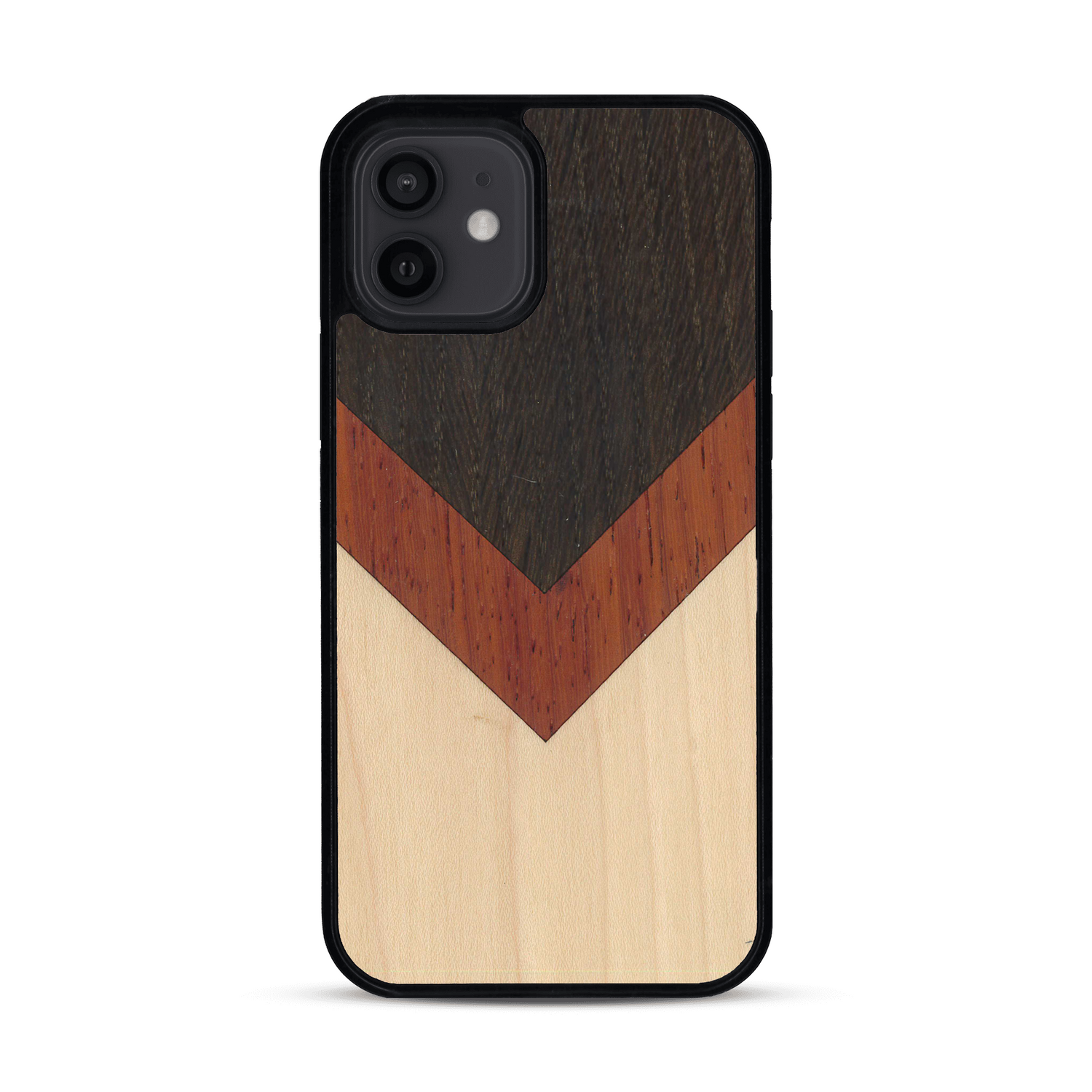 Coque de protection en bois véritable fabriquée en France pour  alliant du chêne fumé, du padouk et du bambou en forme de chevron sur le thème de l'art abstrait