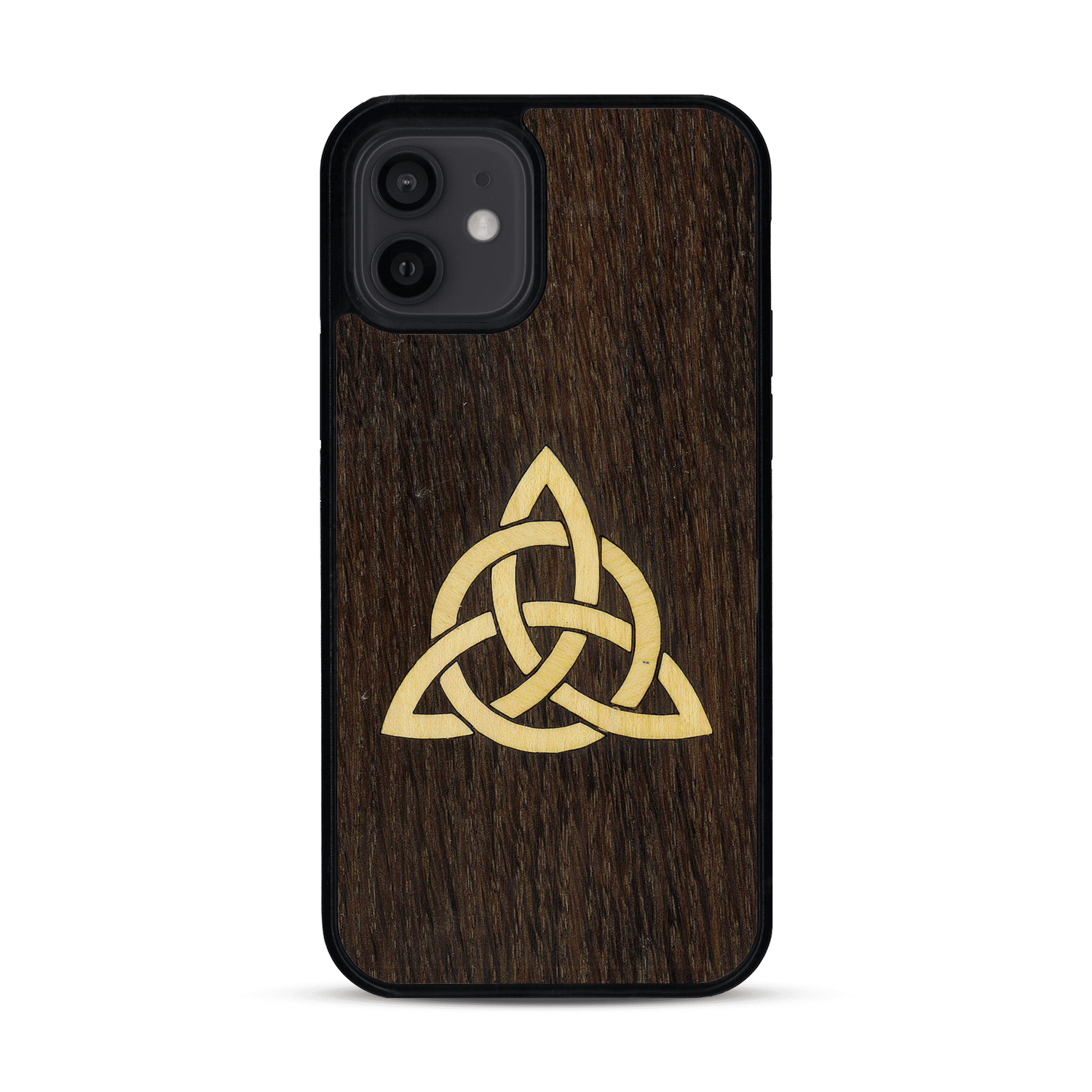 Coque de protection en bois véritable fabriquée en France pour  alliant du chêne fumé et du bambou représentant une triquetra