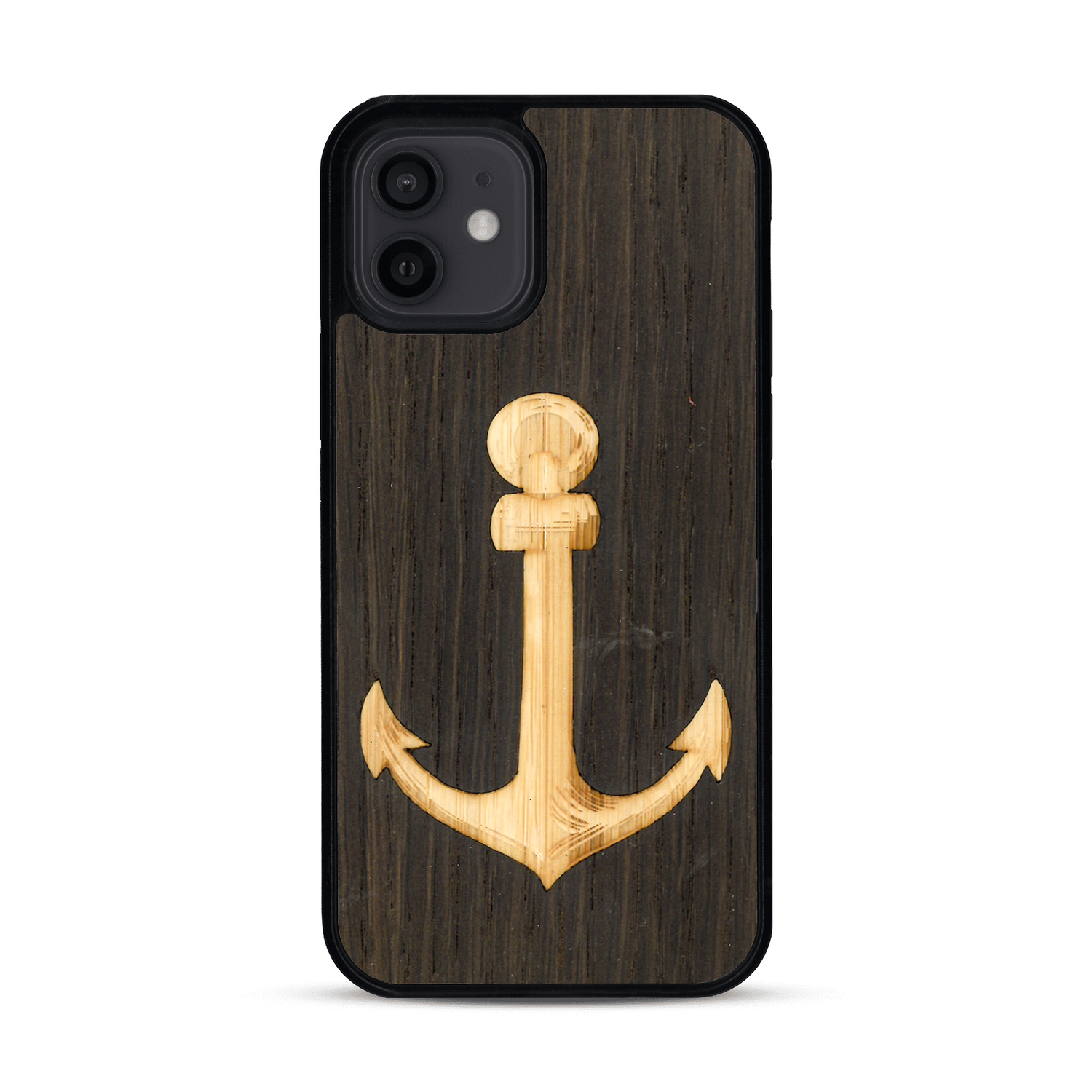 Coque de protection en bois véritable fabriquée en France pour  sur le thème nautique avec un bois clair et un bois foncé représentant une ancre de bateau