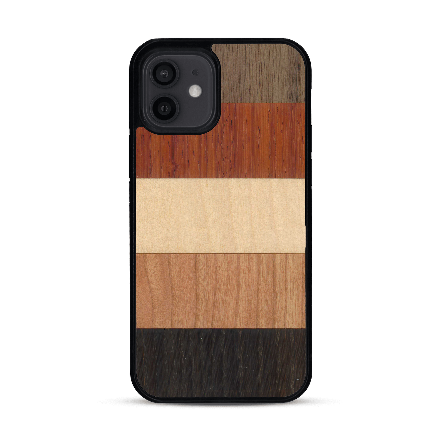 Coque de protection en bois véritable fabriquée en France pour  alliant des bandes horizontales de bambou, merisier, padouk, noyer et chêne fumé