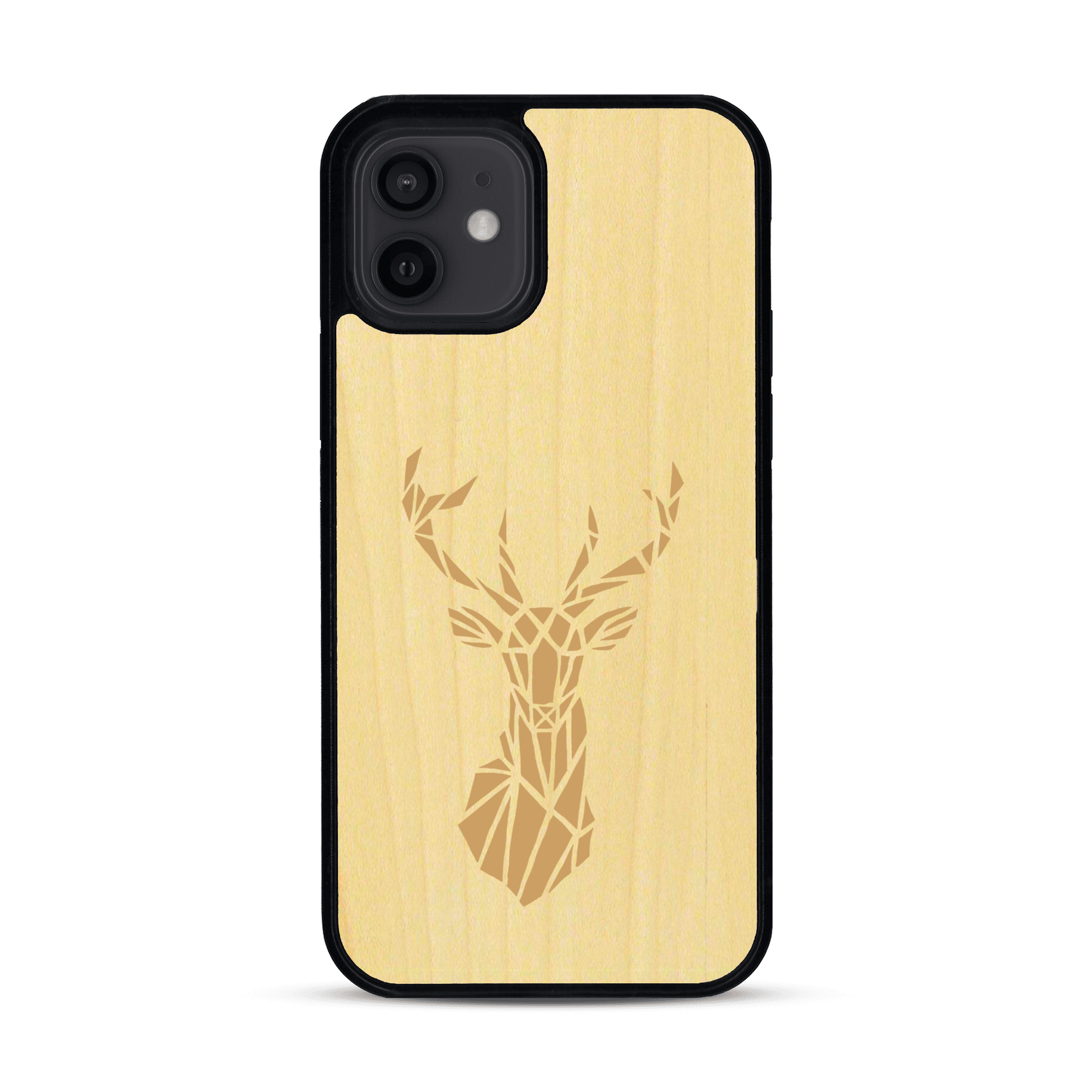 Coque de protection en bois véritable fabriquée en France pour  sur le thème de la nature et des animaux représentant une tête de cerf gométrique avec un design moderne et minimaliste