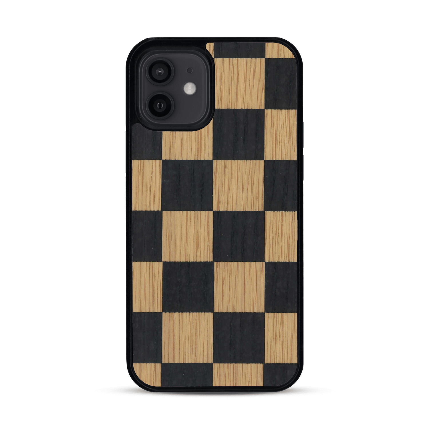 Coque de protection en bois véritable fabriquée en France pour  alliant plusieurs essences de bois pour représenter un damier