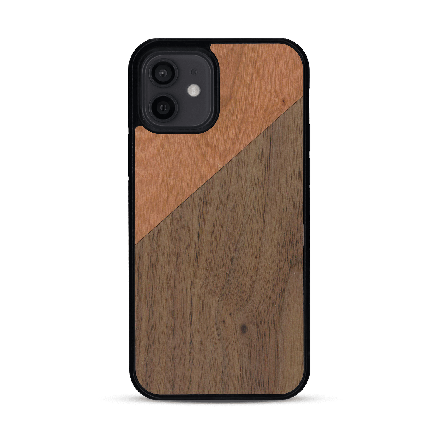 Coque de protection en bois véritable fabriquée en France pour  alliant du merisier et du noyer formant chacun un triangle avec une jointure en diagonale sur le thème de l'art abstrait