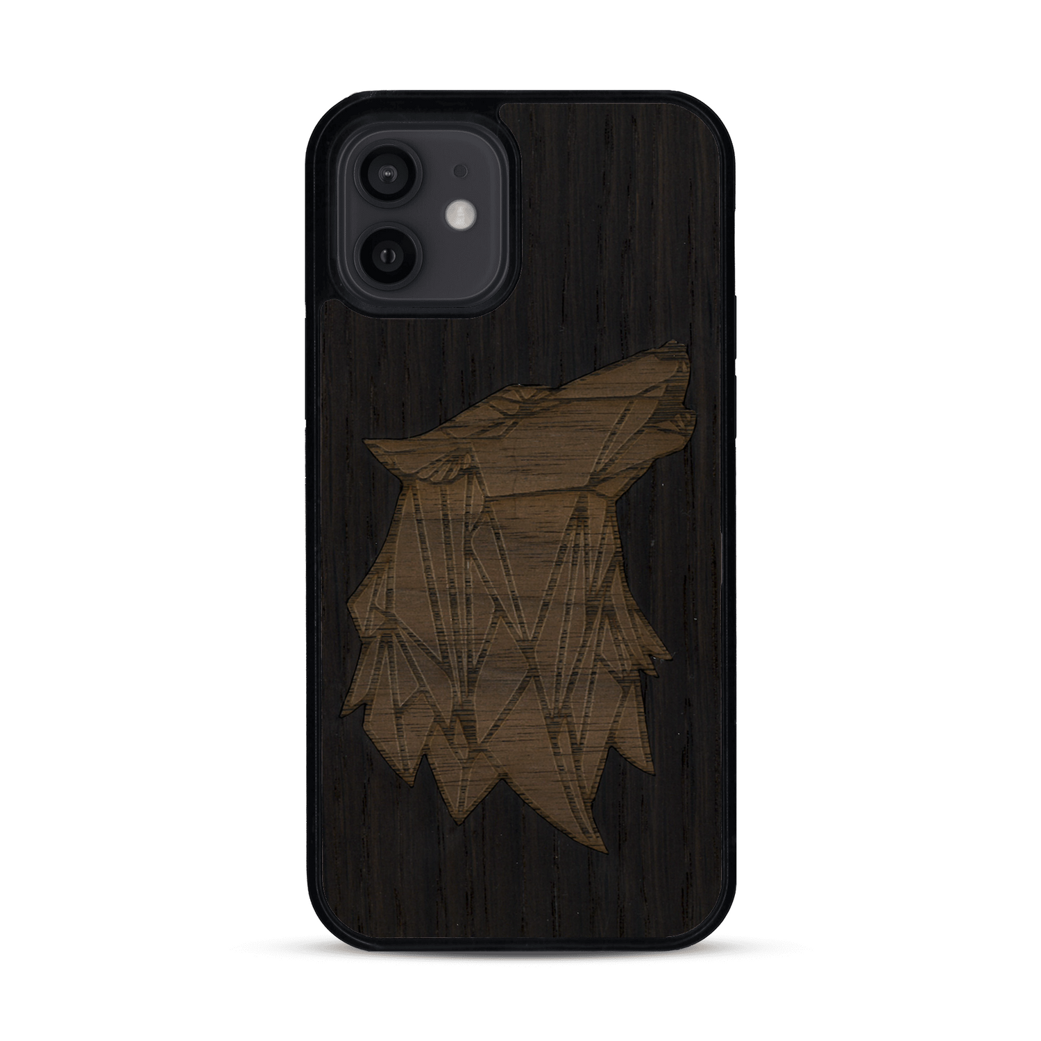 Coque de protection en bois véritable fabriquée en France pour  alliant du chêne fumé et du noyer représentant une tête de loup géométrique de profil sur le thème des animaux et de la nature