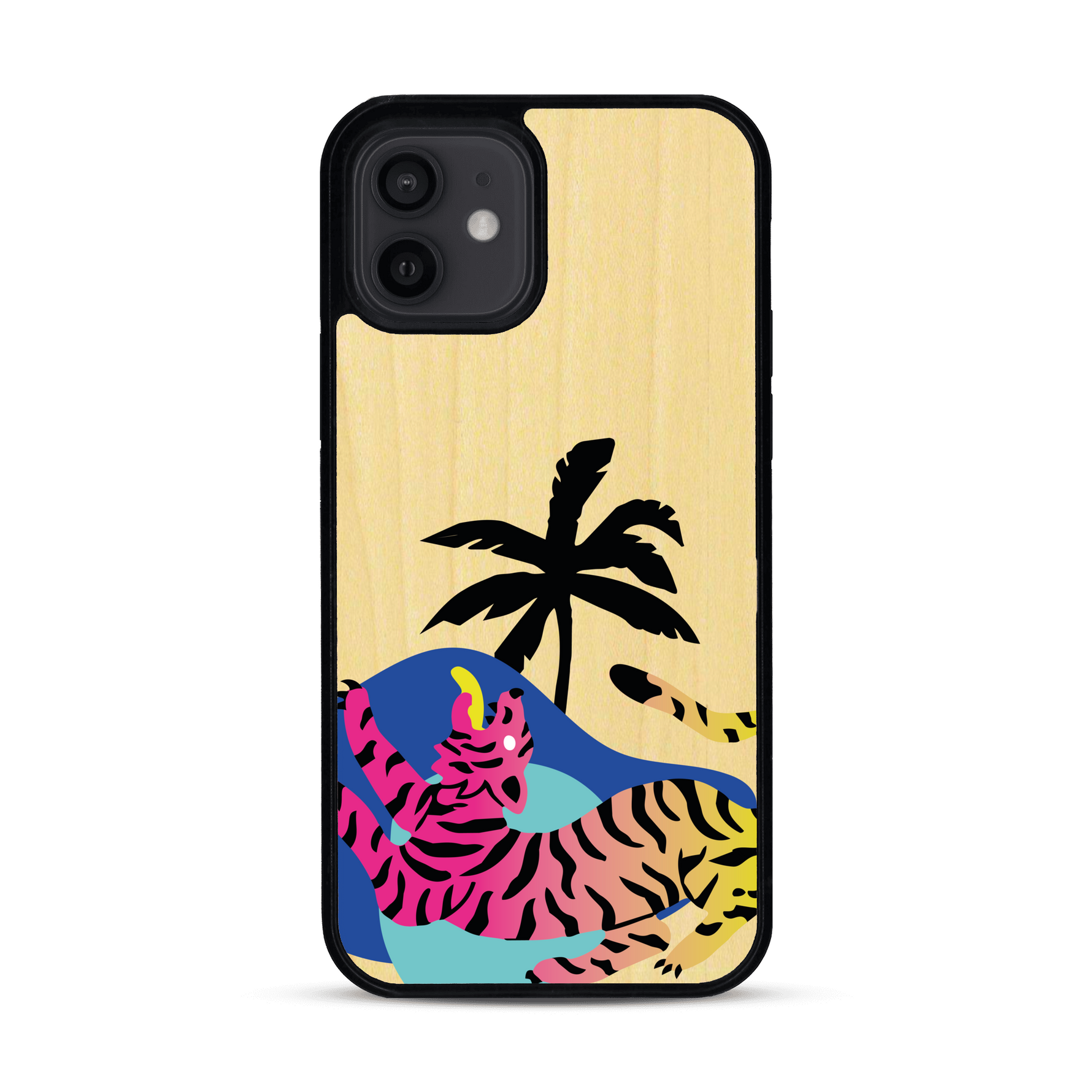 Coque de protection en bois véritable fabriquée en France pour iPhone 12 représentant un tigre coloré avec un design moderne et minimaliste sur le thème de la jungle et de la nature