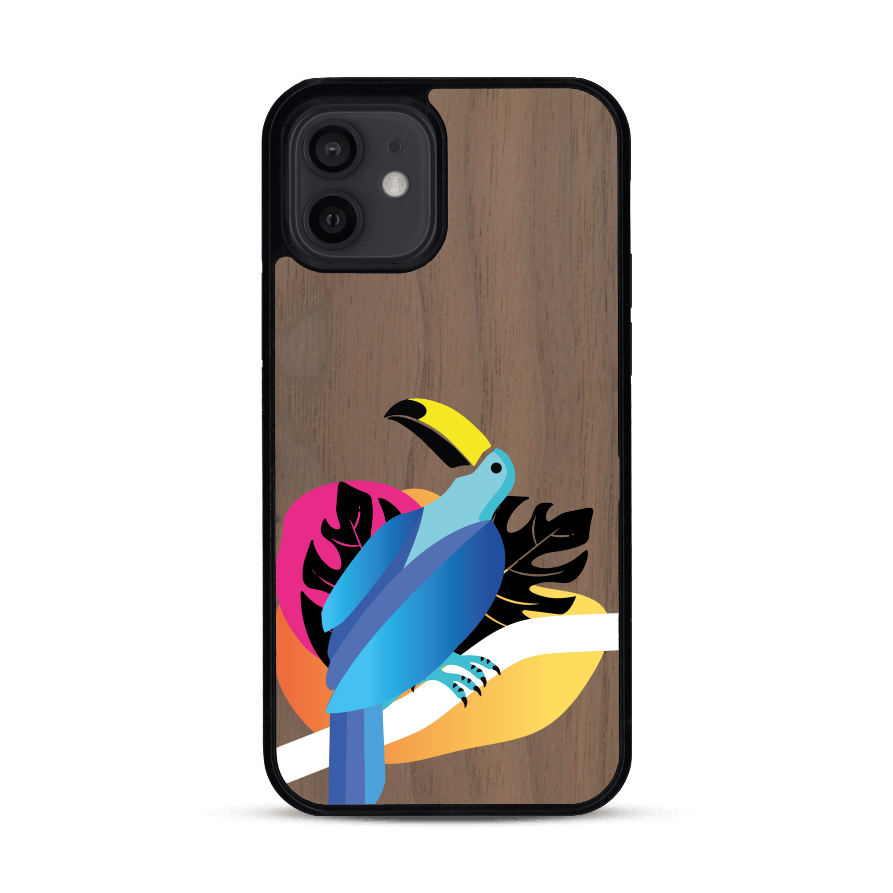 Coque de protection en bois véritable fabriquée en France pour iPhone 12 représentant un toucan coloré avec un design moderne et minimaliste sur le thème de la jungle et de la nature