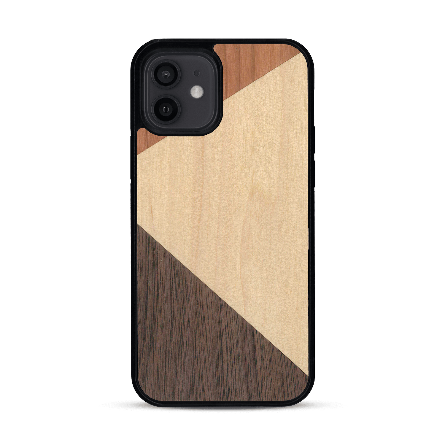 Coque de protection en bois véritable fabriquée en France pour  alliant du merisier, du noyer et du bambou formant chacun deux triangles et un trapèze avec deux jointures en diagonale sur le thème de l'art abstrait