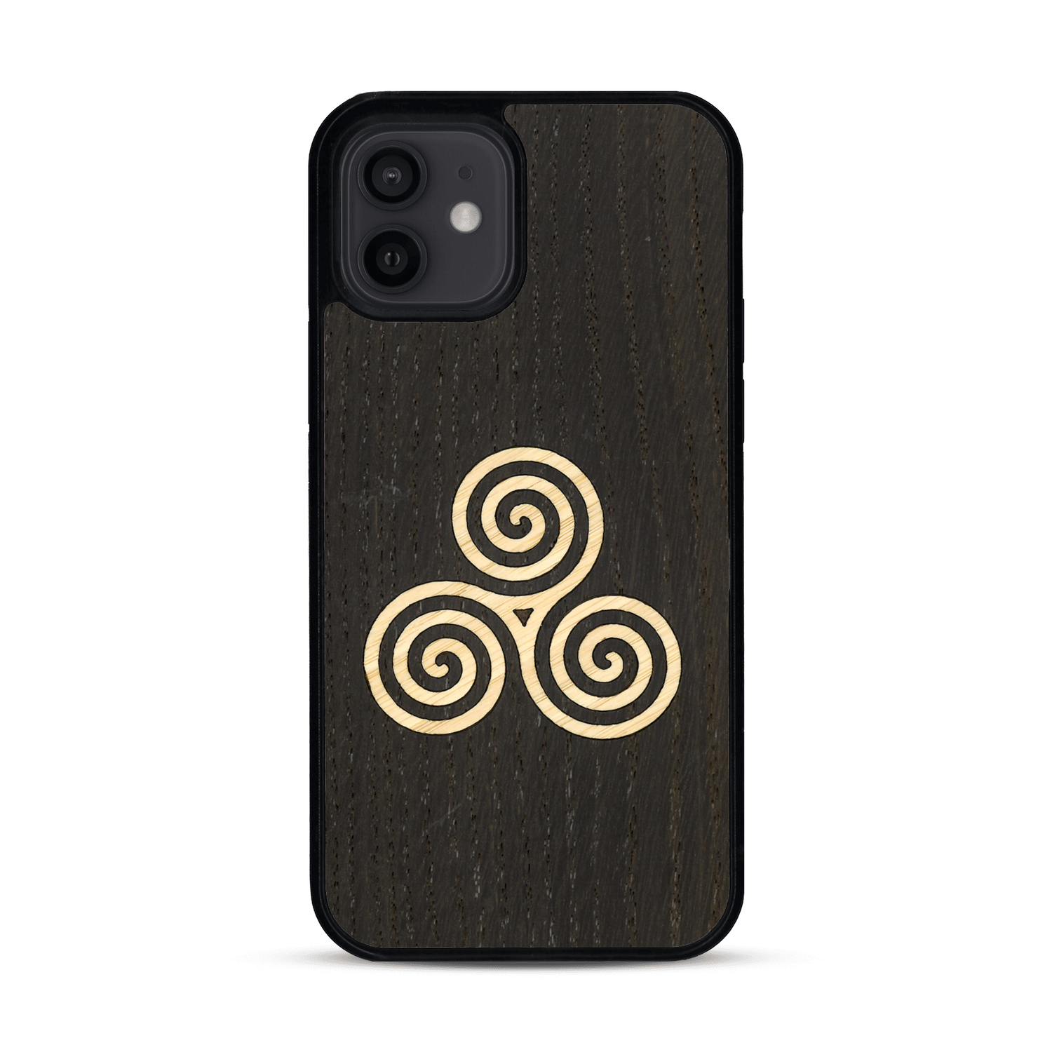 Coque de protection en bois véritable fabriquée en France pour  alliant du chêne fumé et du bambou et doré représentant un triskell