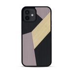 Coque de protection en bois véritable fabriquée en France pour  alliant du bambou, du tulipier mauve et noir en forme de mosaïque minimaliste sur le thème de l'art abstrait