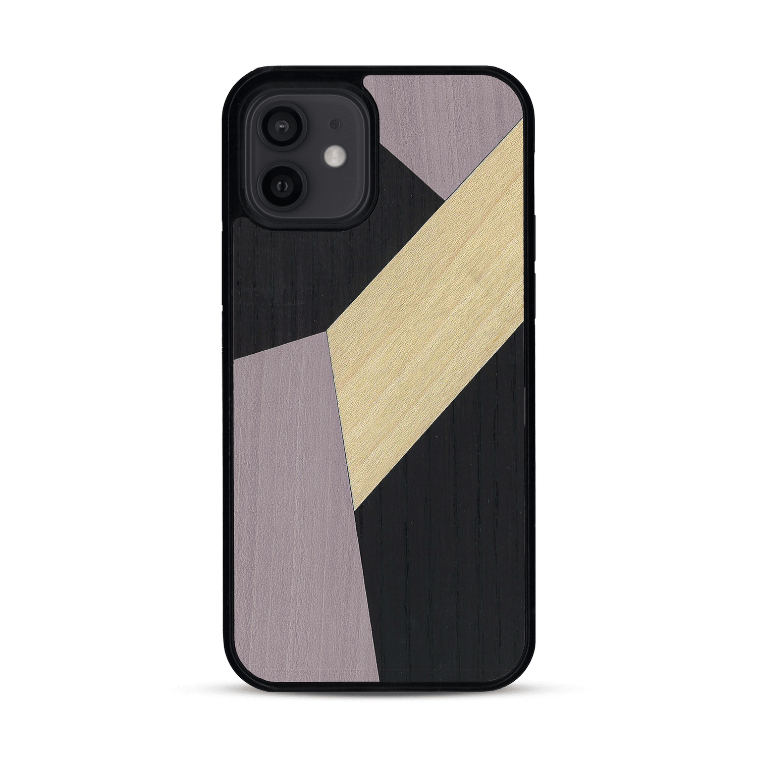 Coque de protection en bois véritable fabriquée en France pour  alliant du bambou, du tulipier mauve et noir en forme de mosaïque minimaliste sur le thème de l'art abstrait