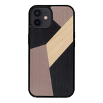 Coque de protection en bois véritable fabriquée en France pour iPhone 12 alliant du bambou, du tulipier mauve et noir en forme de mosaïque minimaliste sur le thème de l'art abstrait
