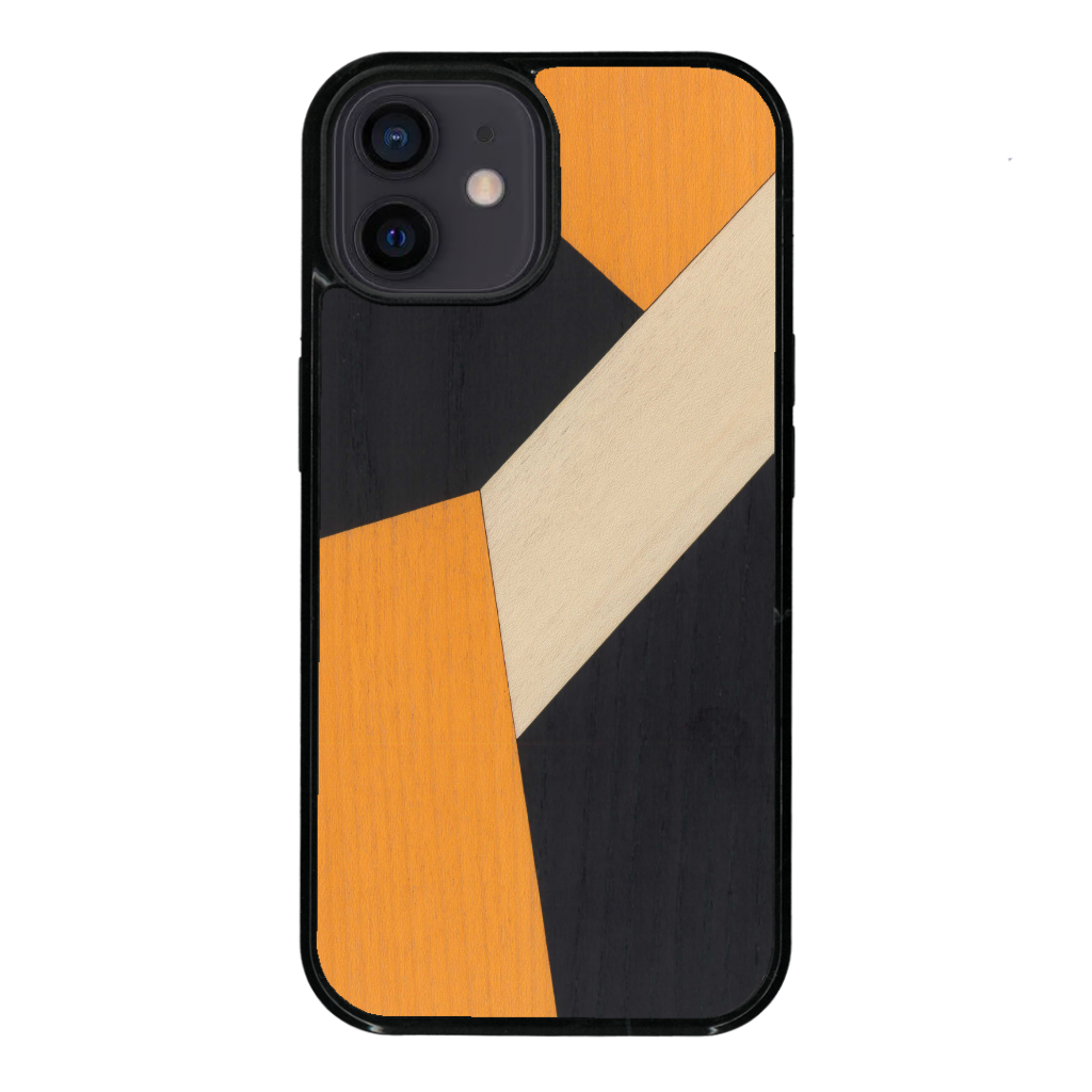 Coque de protection en bois véritable fabriquée en France pour iPhone 12 alliant du bambou, du tulipier orange et noir en forme de mosaïque minimaliste sur le thème de l'art abstrait