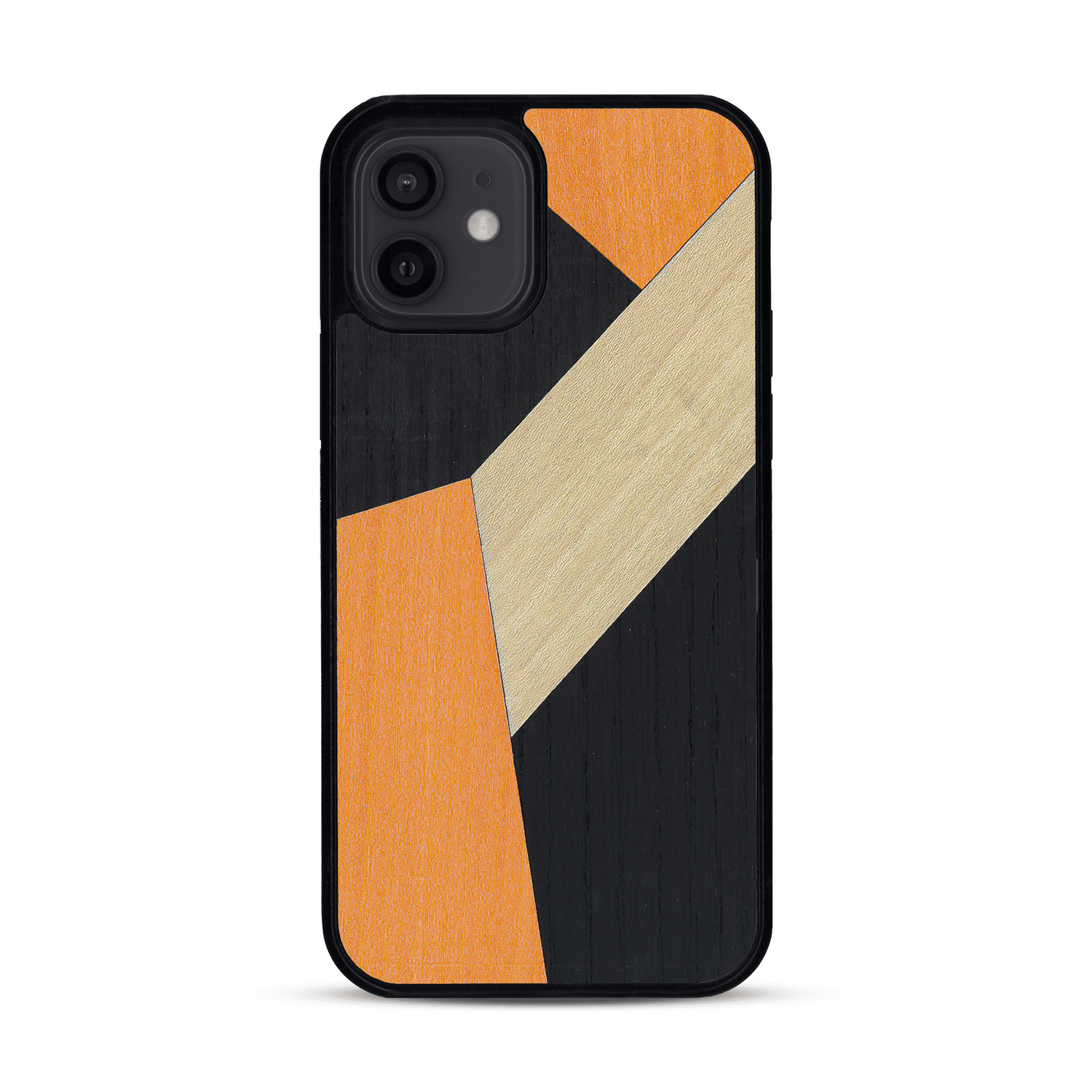 Coque de protection en bois véritable fabriquée en France pour  alliant du bambou, du tulipier orange et noir en forme de mosaïque minimaliste sur le thème de l'art abstrait