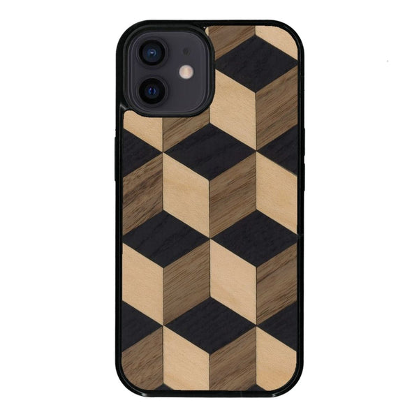 Coque de protection en bois véritable fabriquée en France pour iPhone 12 Mini alliant plusieurs essences de bois pour représenter un classique intemporel de la marqueterie