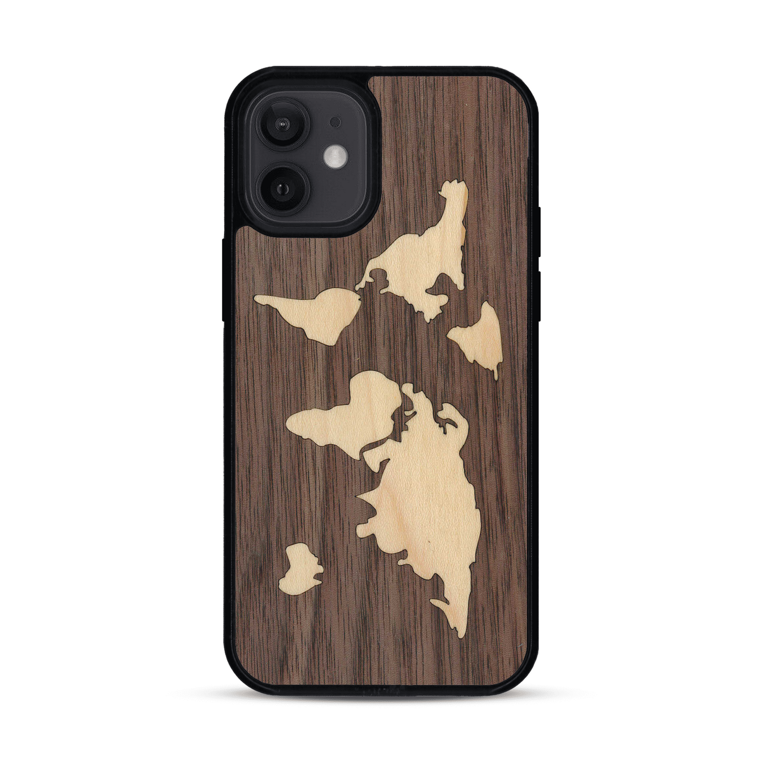 Coque de protection en bois véritable fabriquée en France pour  alliant du bambou et du noyer sur le thème du voyage et de l'aventure représentant une mappemonde
