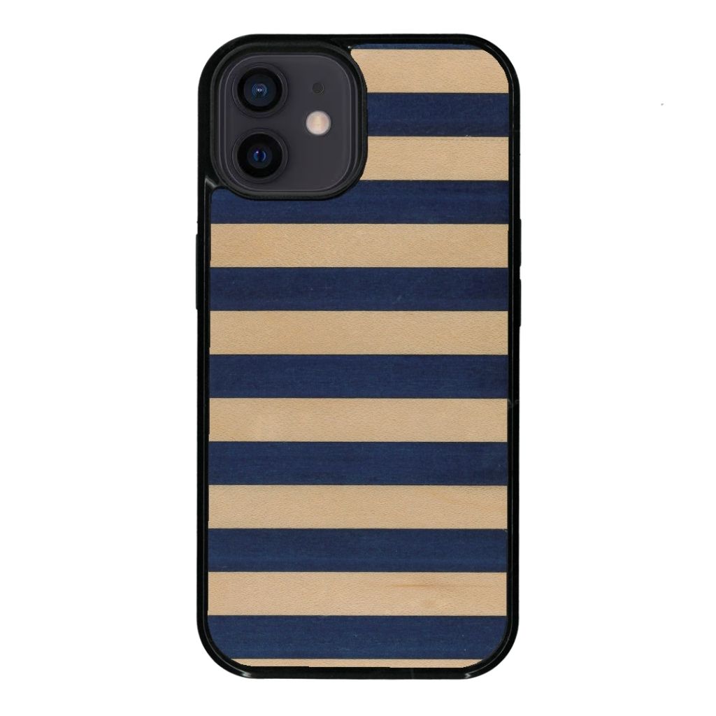 Coque de protection en bois véritable fabriquée en France pour iPhone 12 Mini alliant plusieurs essences de bois pour représenter une marinière