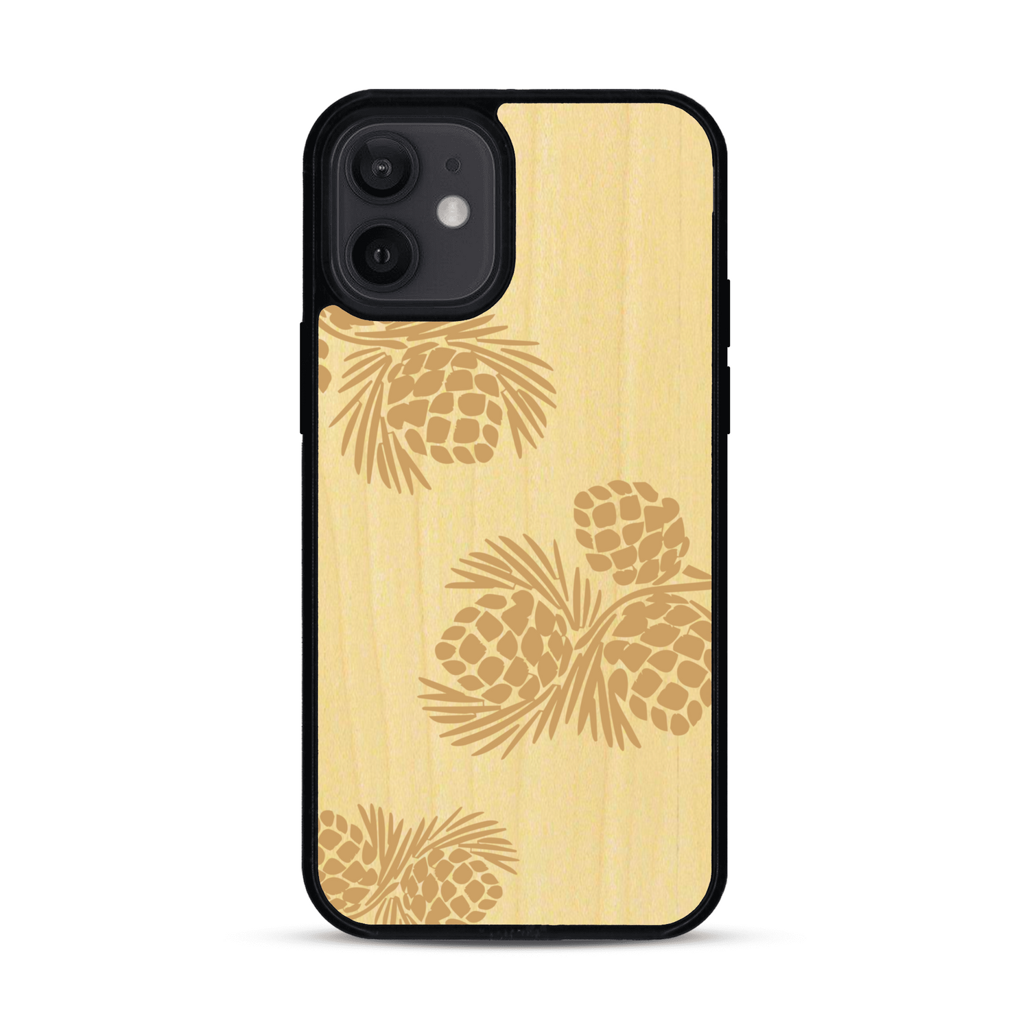 Coque de protection en bois véritable fabriquée en France pour  sur le thème de la nature des arbres avec un motif de gravure représentant des épines de sapin et des pommes de pin
