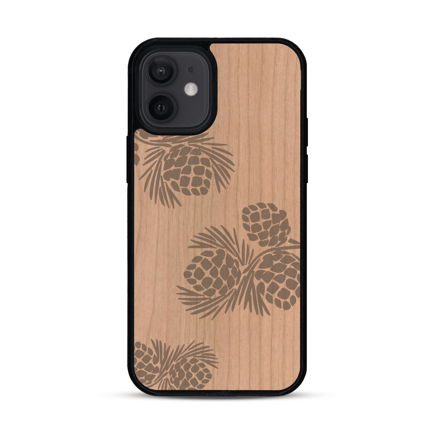 Coque de protection en bois véritable fabriquée en France pour  sur le thème de la nature des arbres avec un motif de gravure représentant des épines de sapin et des pommes de pin