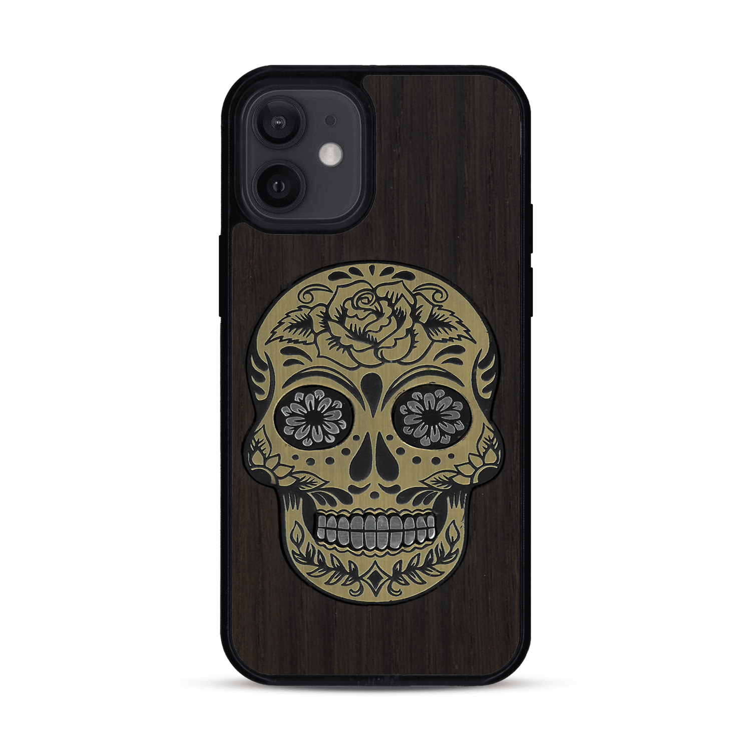 Coque de protection en bois véritable fabriquée en France pour  alliant du chêne fumé avec du métal argenté et doré représentant une tête de mort mexicaine sur le thème Dia de los Muertos
