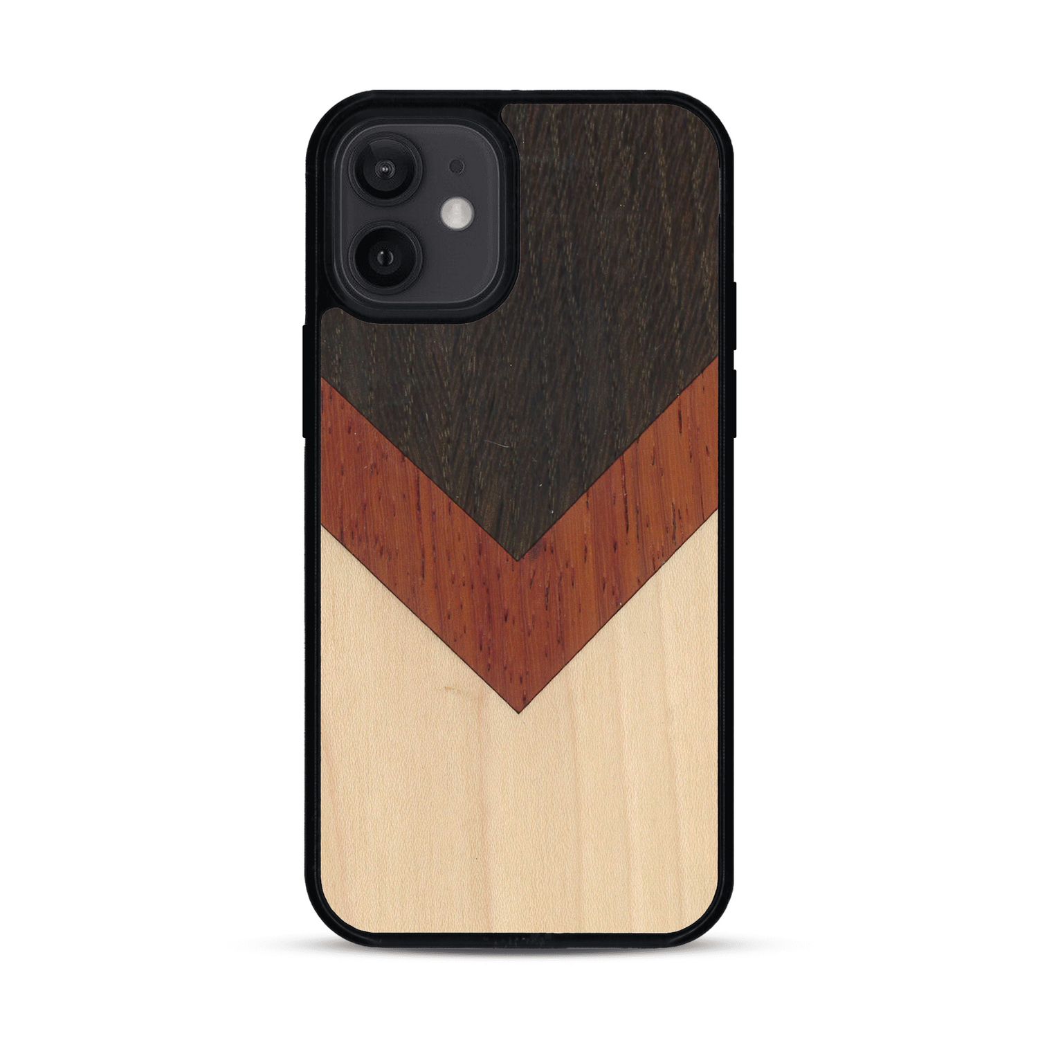 Coque de protection en bois véritable fabriquée en France pour  alliant du chêne fumé, du padouk et du bambou en forme de chevron sur le thème de l'art abstrait
