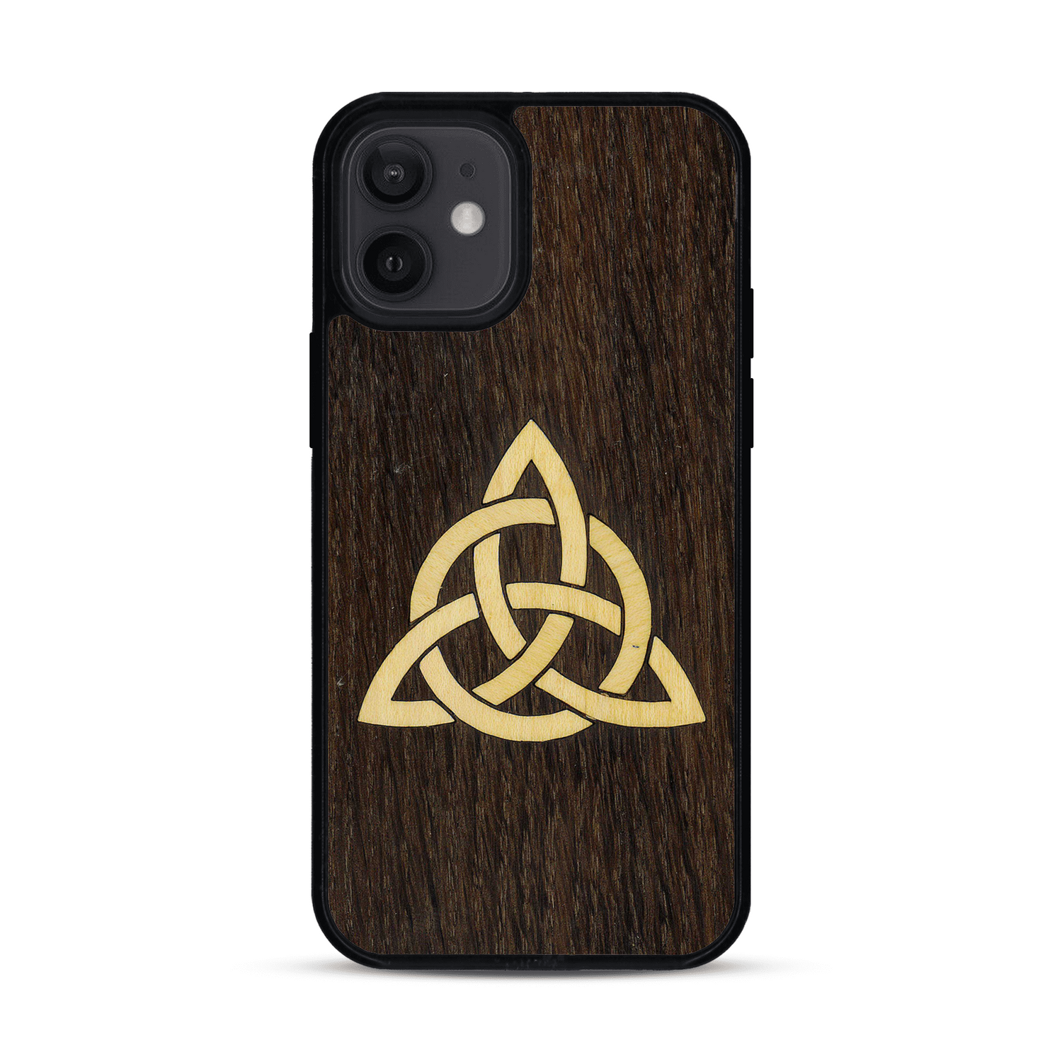 Coque de protection en bois véritable fabriquée en France pour  alliant du chêne fumé et du bambou représentant une triquetra