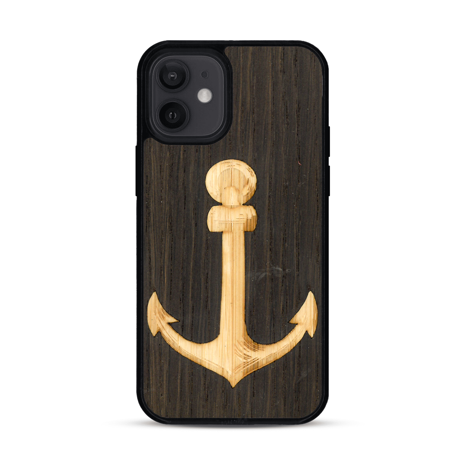 Coque de protection en bois véritable fabriquée en France pour  sur le thème nautique avec un bois clair et un bois foncé représentant une ancre de bateau