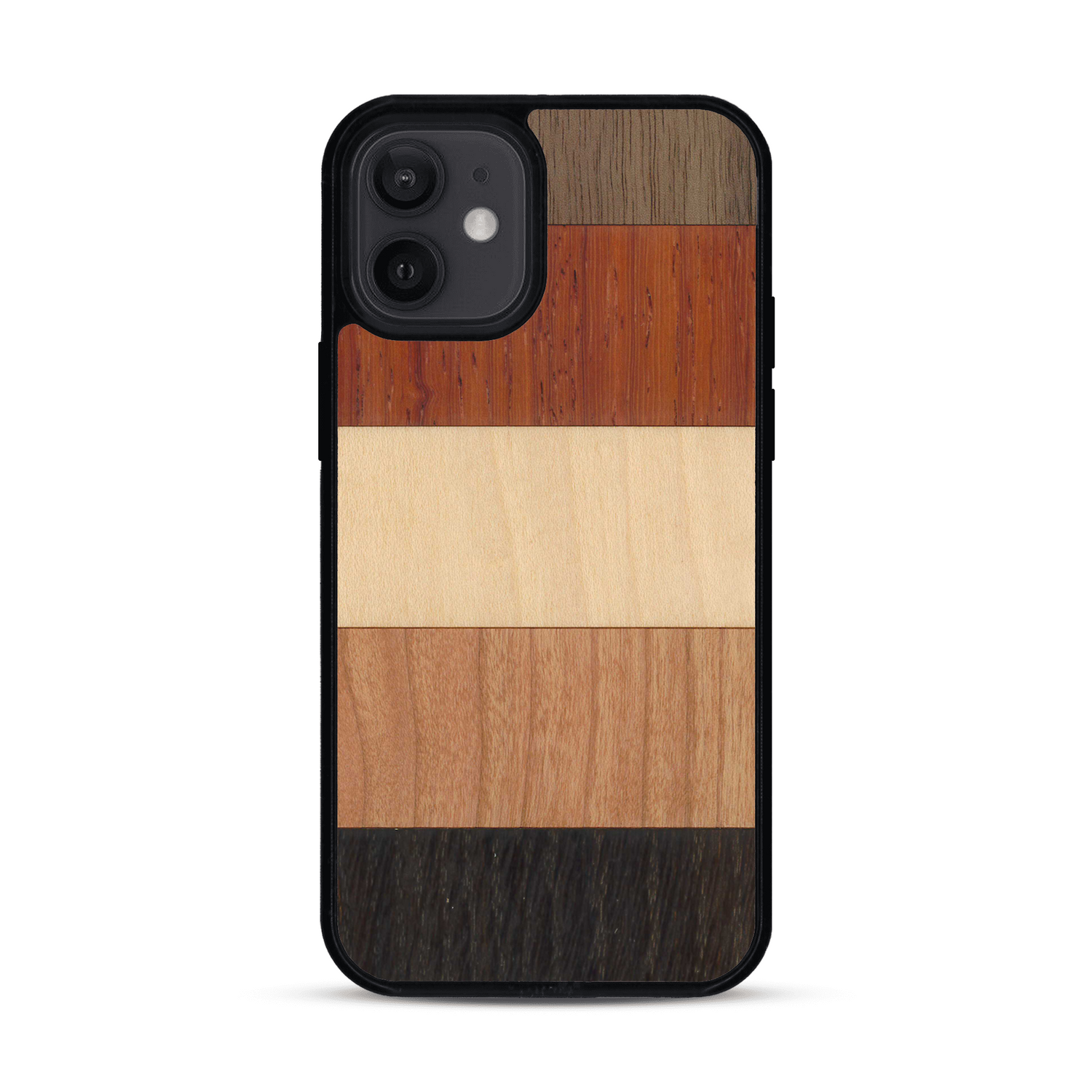 Coque de protection en bois véritable fabriquée en France pour  alliant des bandes horizontales de bambou, merisier, padouk, noyer et chêne fumé