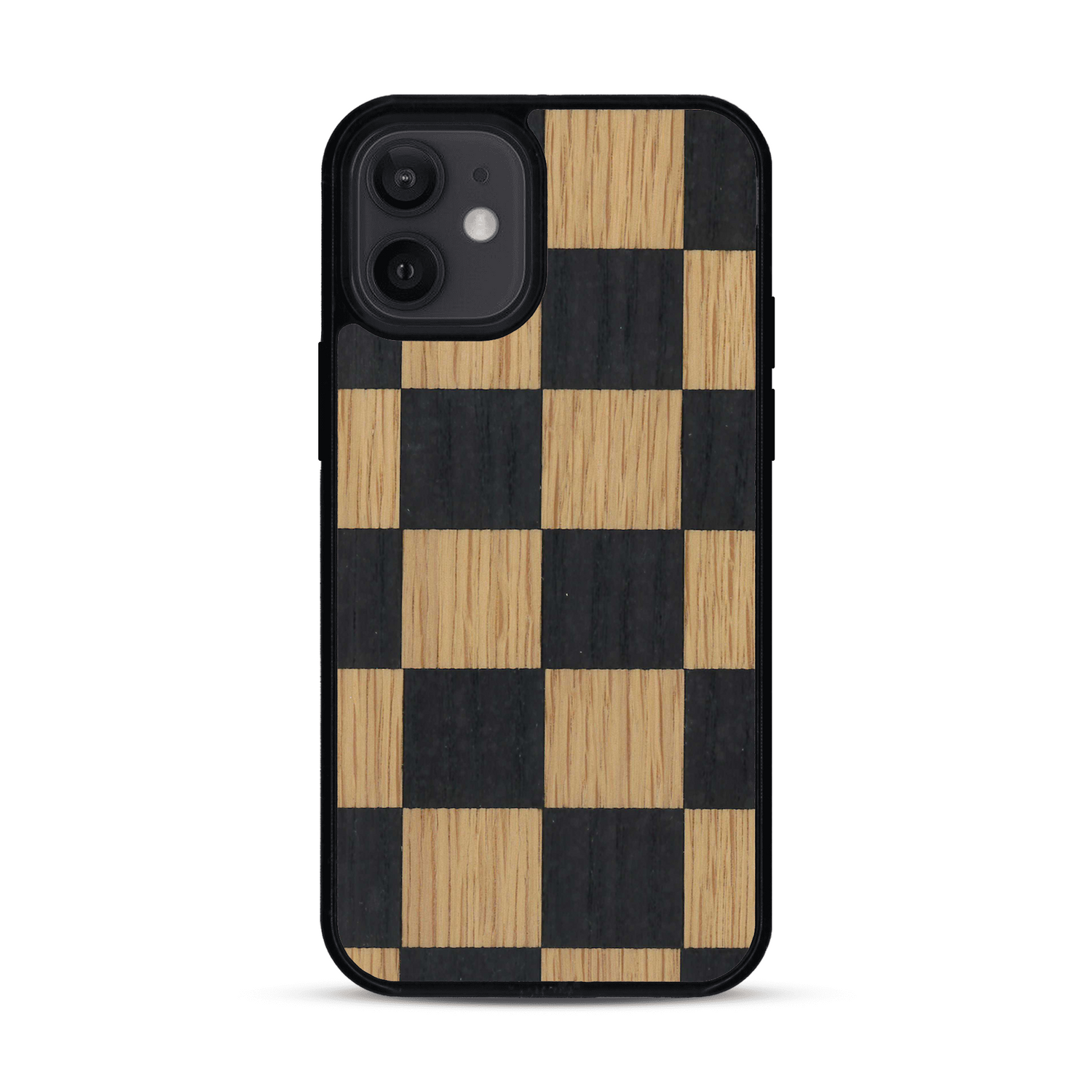 Coque de protection en bois véritable fabriquée en France pour  alliant plusieurs essences de bois pour représenter un damier