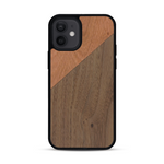 Coque de protection en bois véritable fabriquée en France pour  alliant du merisier et du noyer formant chacun un triangle avec une jointure en diagonale sur le thème de l'art abstrait