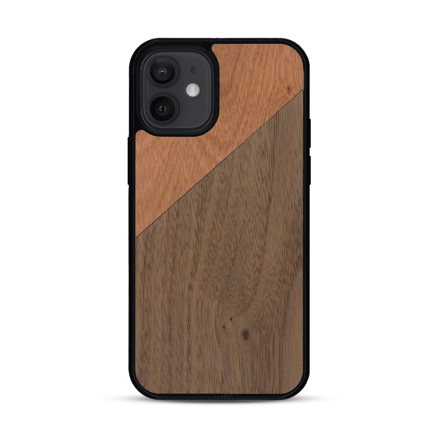 Coque de protection en bois véritable fabriquée en France pour  alliant du merisier et du noyer formant chacun un triangle avec une jointure en diagonale sur le thème de l'art abstrait